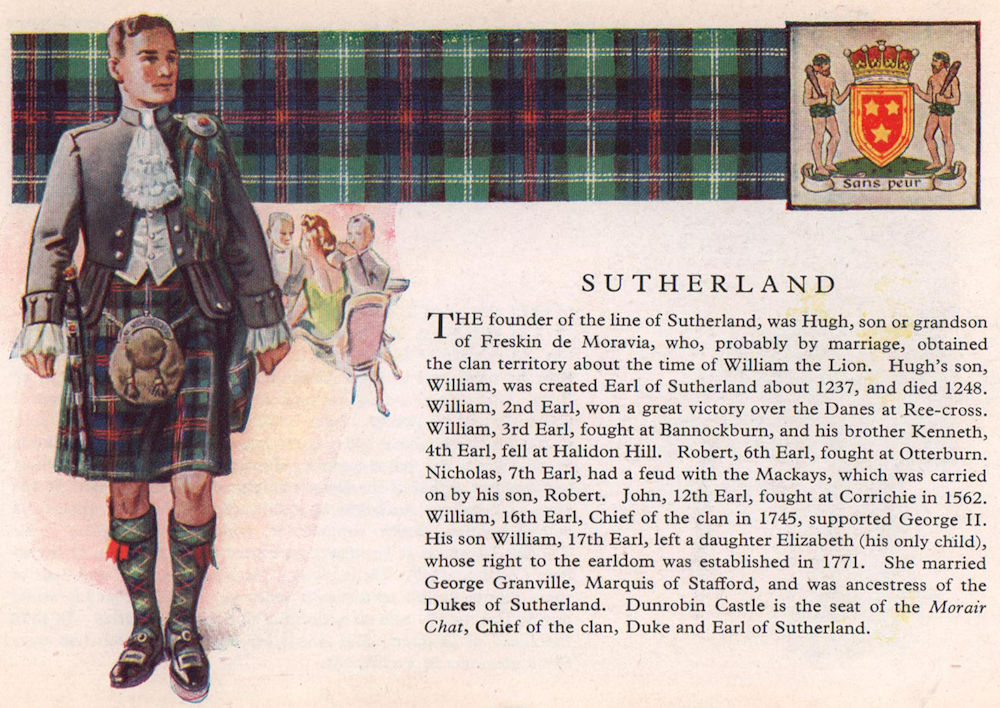 Associate Product Sutherland. Scotland Scottish clans tartans arms 1957 old vintage print