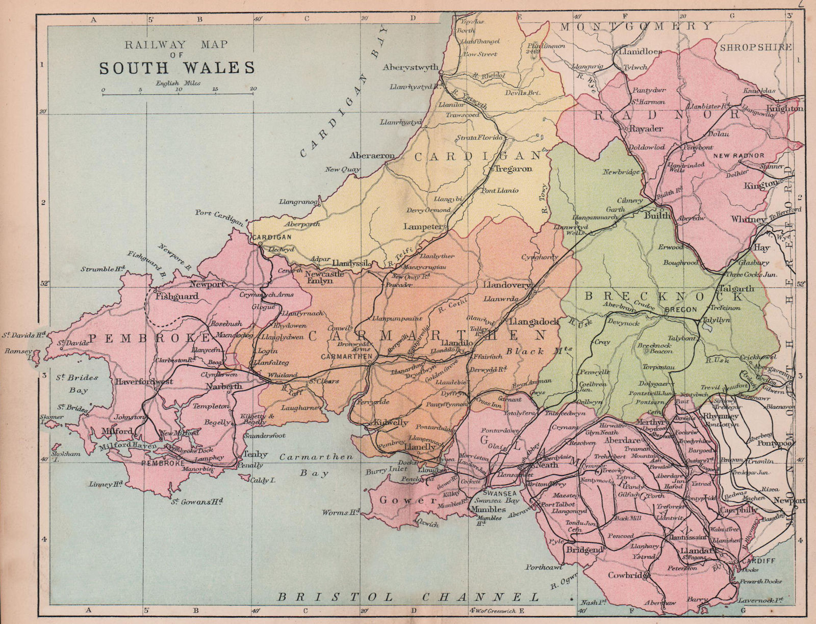 Associate Product WALES Railway Map of South Wales BARTHOLOMEW 1882 old antique plan chart