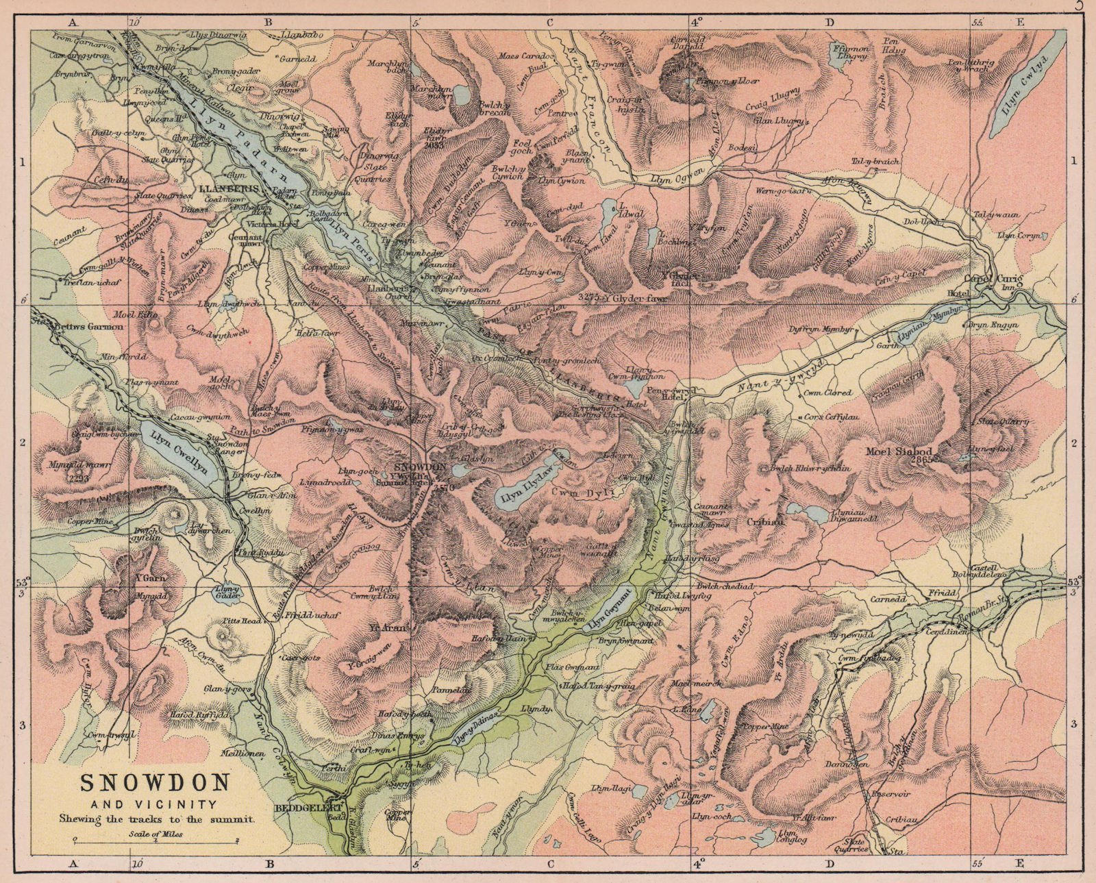 SNOWDONIA Snowdon showing tracks to the Summit Wales BARTHOLOMEW 1882 old map