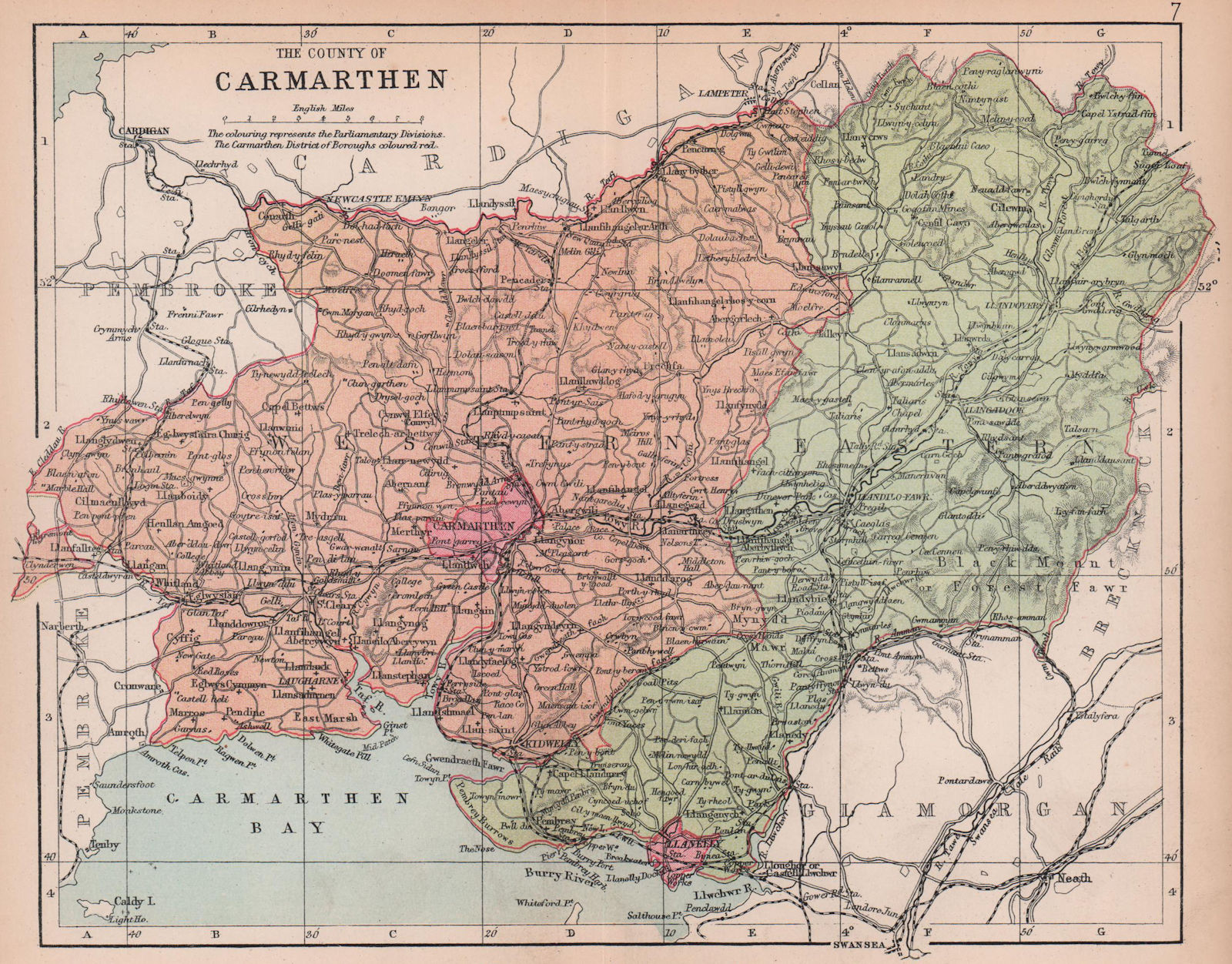 CARMARTHENSHIRE "The County of Carmarthen" Llanelli Wales BARTHOLOMEW 1882 map