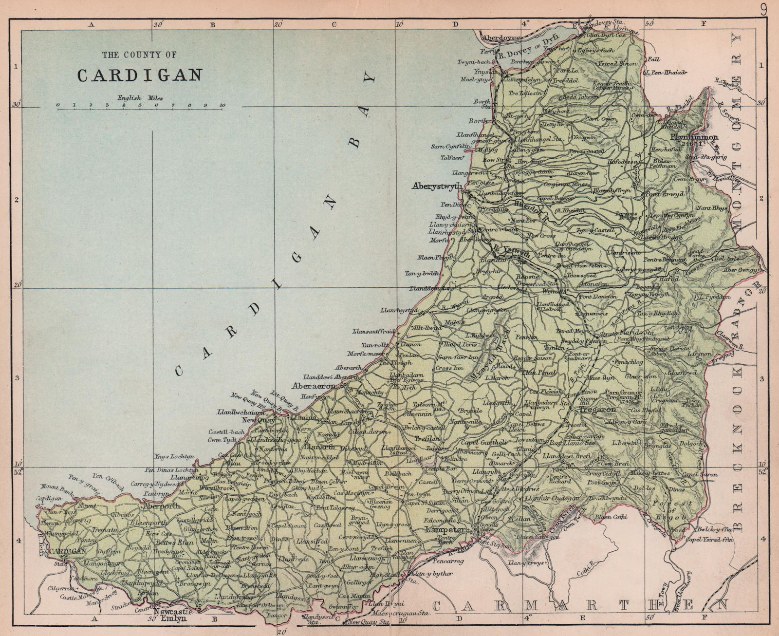 CARDIGANSHIRE "The County of Cardigan" Aberystwyth Wales BARTHOLOMEW 1882 map