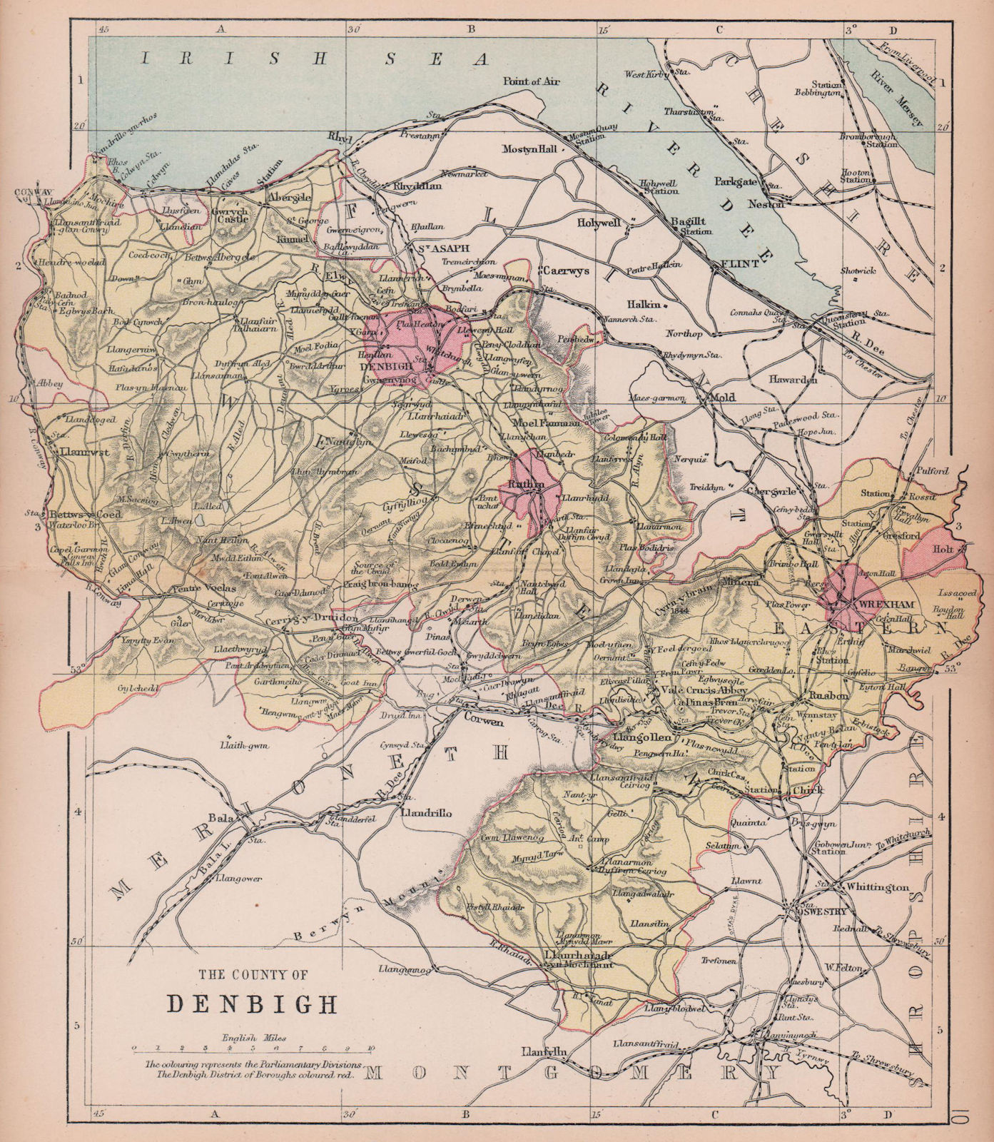 DENBIGHSHIRE "The County of Denbigh" Wrexham Rhyl Wales BARTHOLOMEW 1882 map