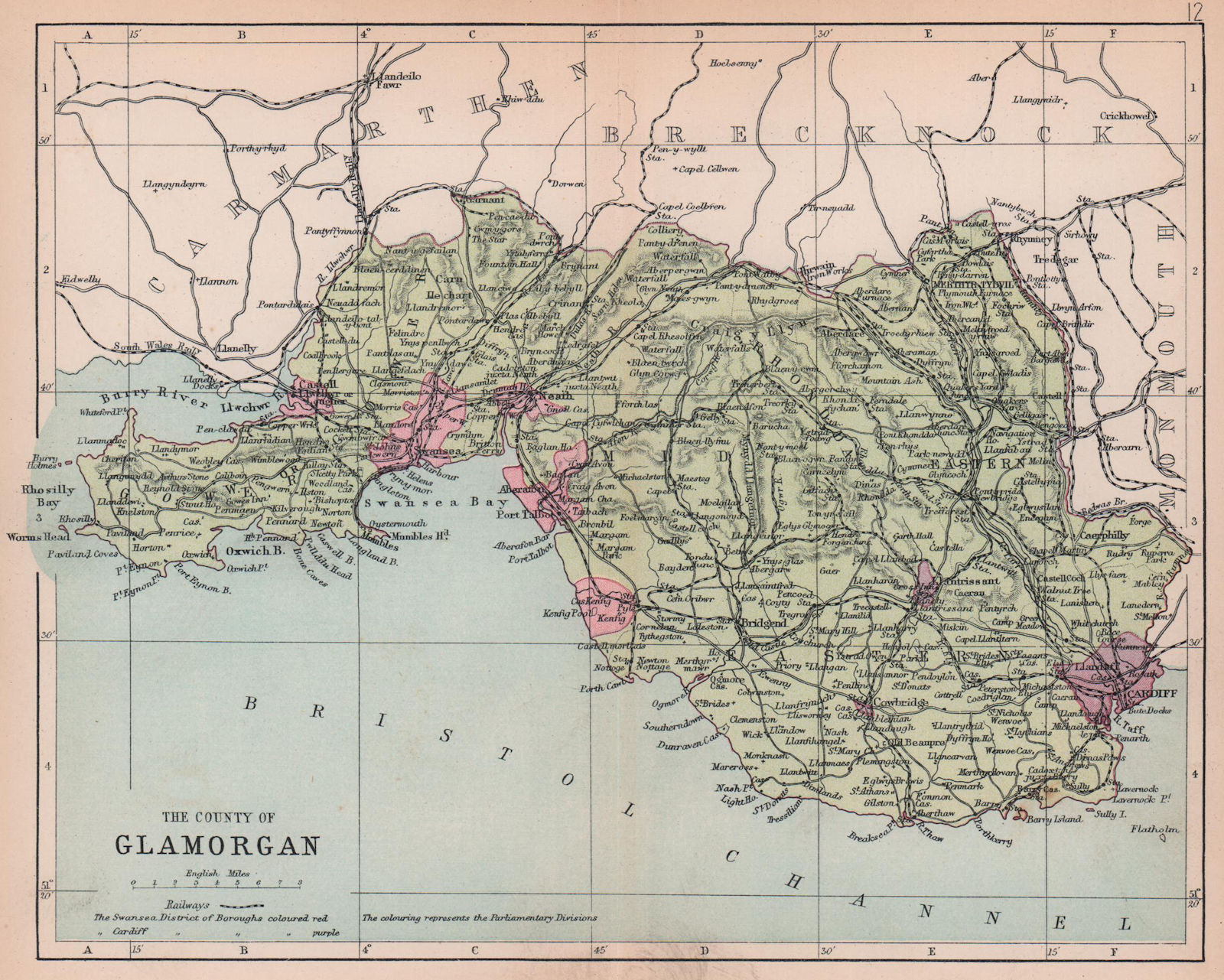 GLAMORGANSHIRE Cardiff Swansea Neath Port Talbot Wales BARTHOLOMEW 1882 map