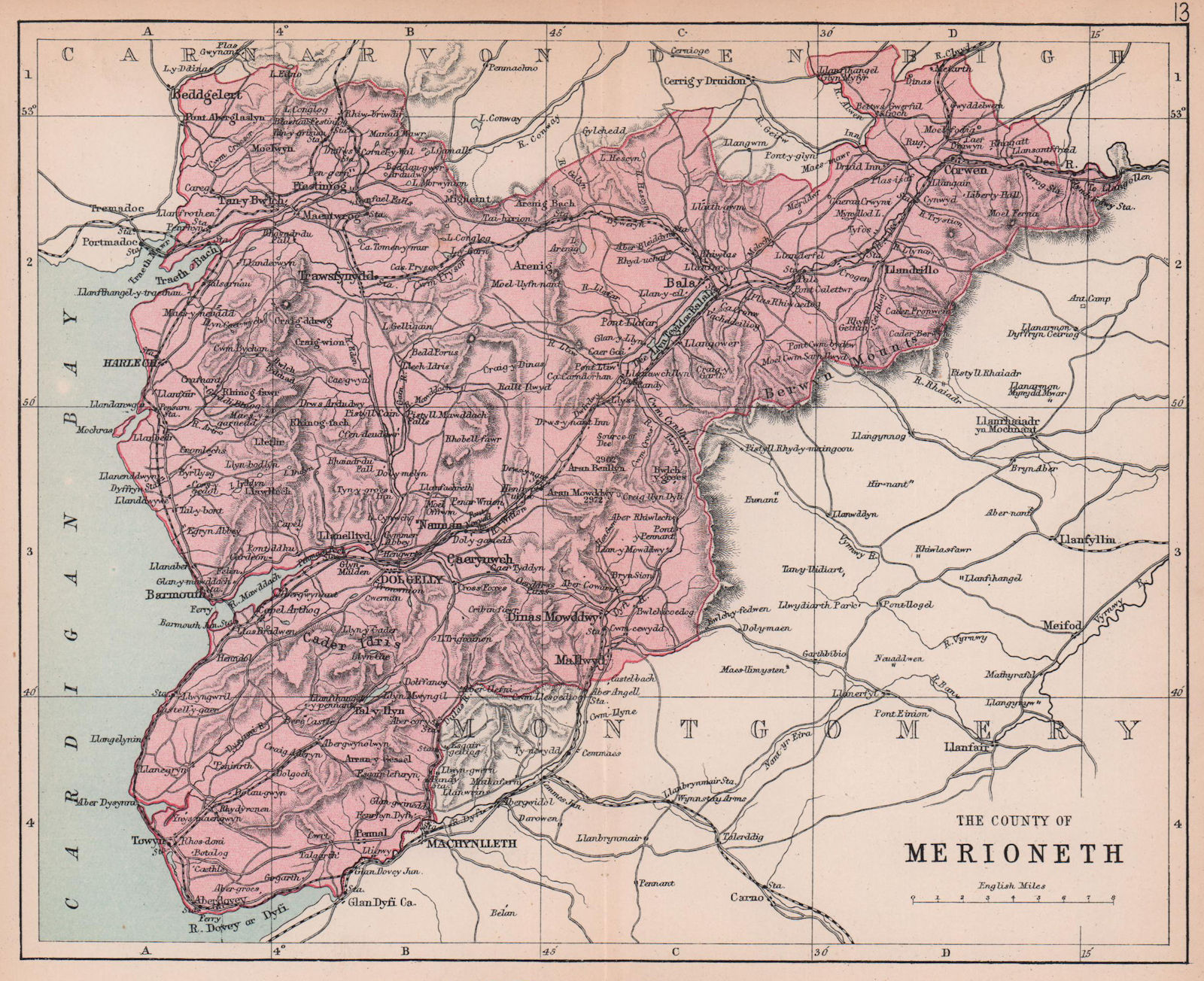 MERIONETHSHIRE "County of Merioneth" Barmouth Tywyn Wales BARTHOLOMEW 1882 map