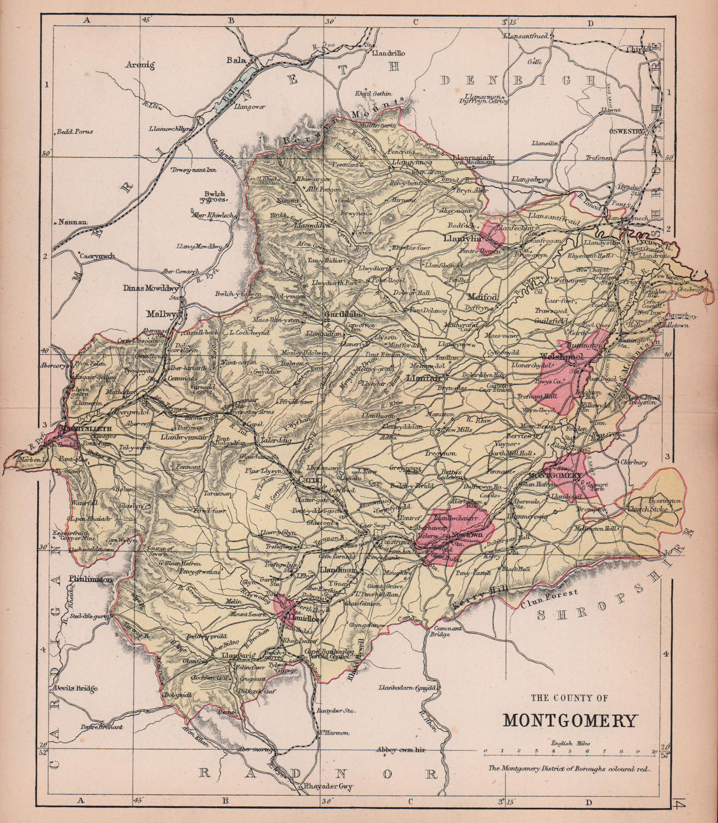 MONTGOMERYSHIRE "County of Montgomery" Welshpool Wales BARTHOLOMEW 1882 map