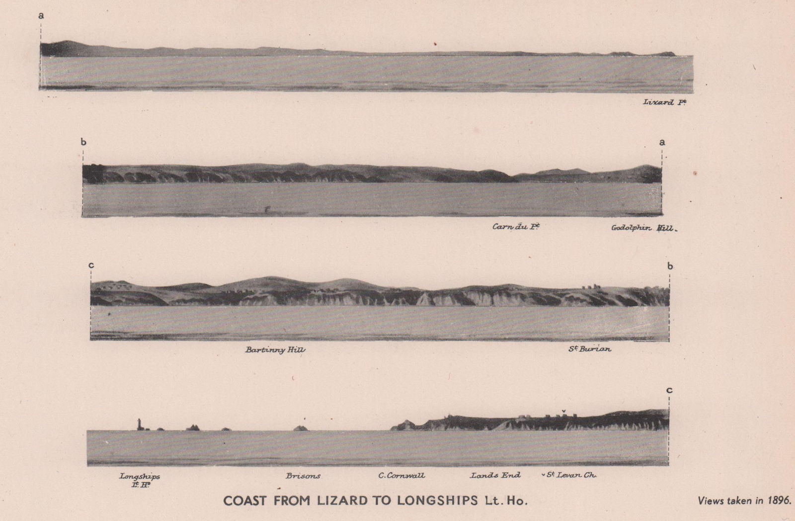 Lizard to Longships lighthouse. Cornwall coast profile. ADMIRALTY 1943 print