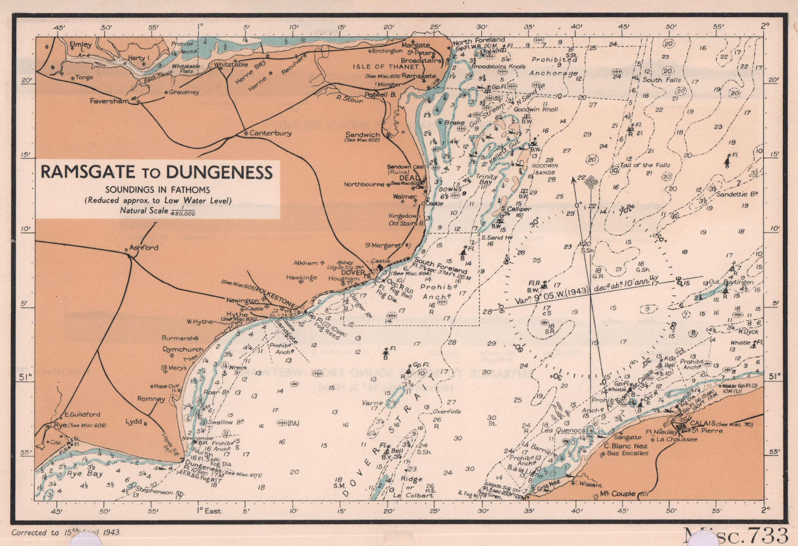 Ramsgate to Dungeness. English Channel sea coast chart. Kent. ADMIRALTY 1943 map