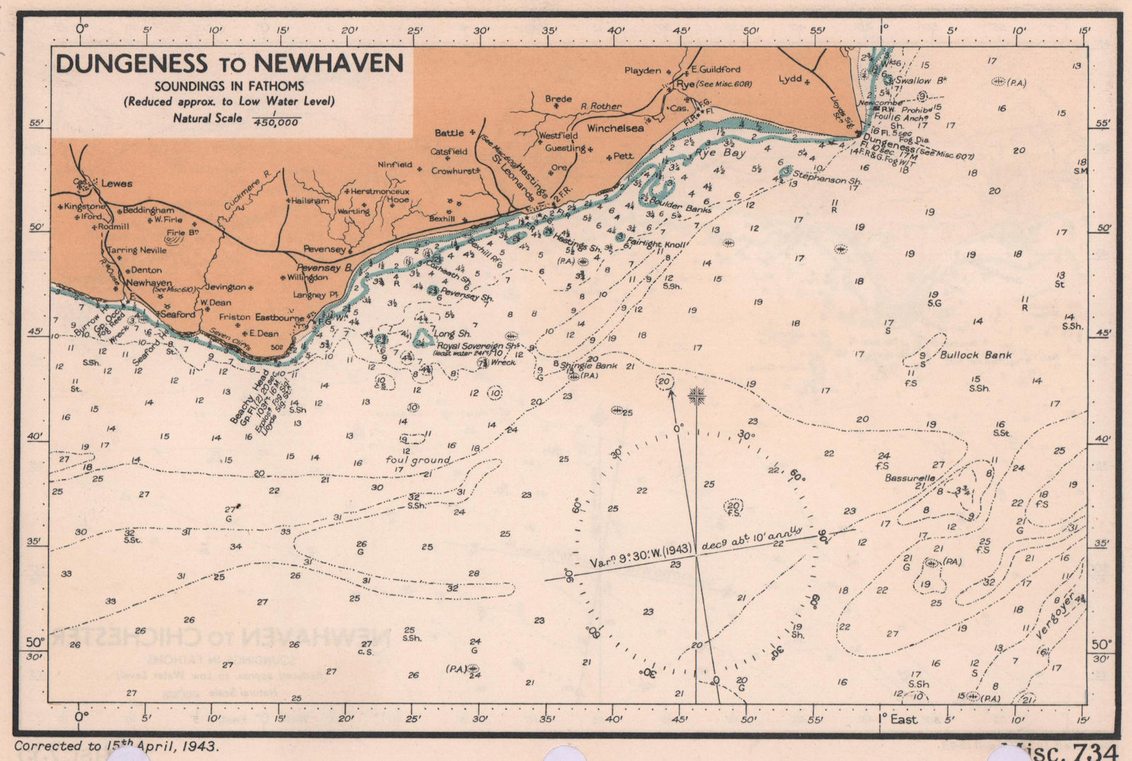 Dungeness to Newhaven. English Channel sea coast chart Sussex ADMIRALTY 1943 map