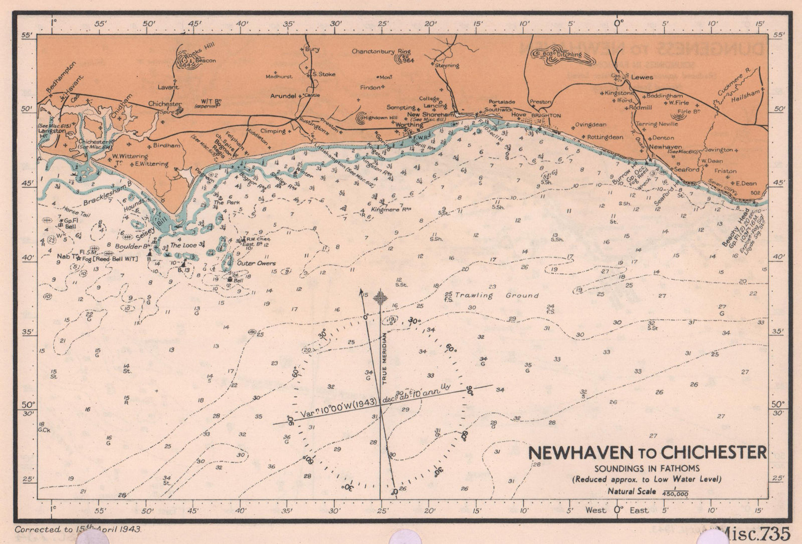 Associate Product Newhaven to Chichester sea coast chart. Brighton Sussex. ADMIRALTY 1943 map
