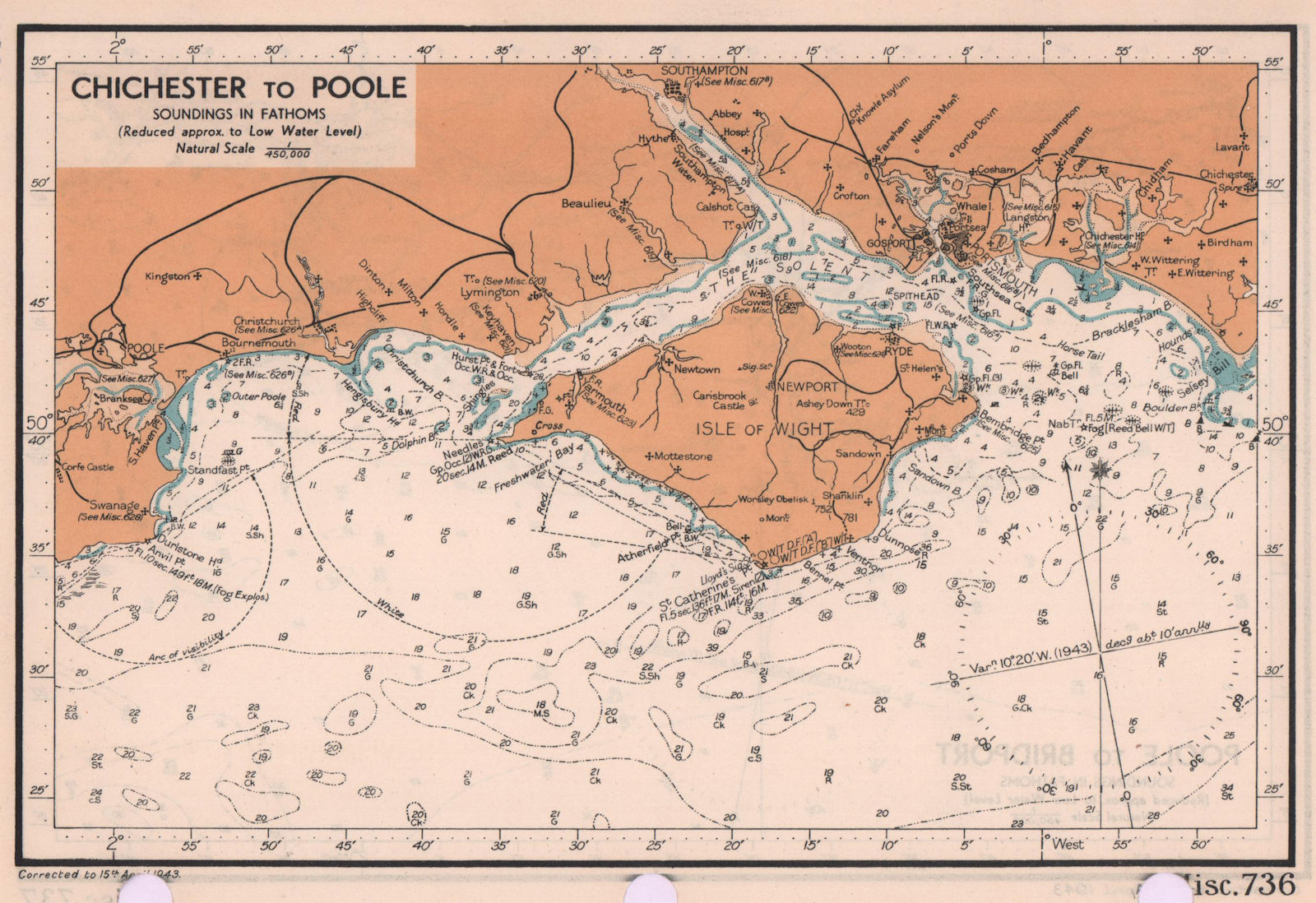 Chichester to Poole. Isle of Wight Hampshire sea coast chart. ADMIRALTY 1943 map