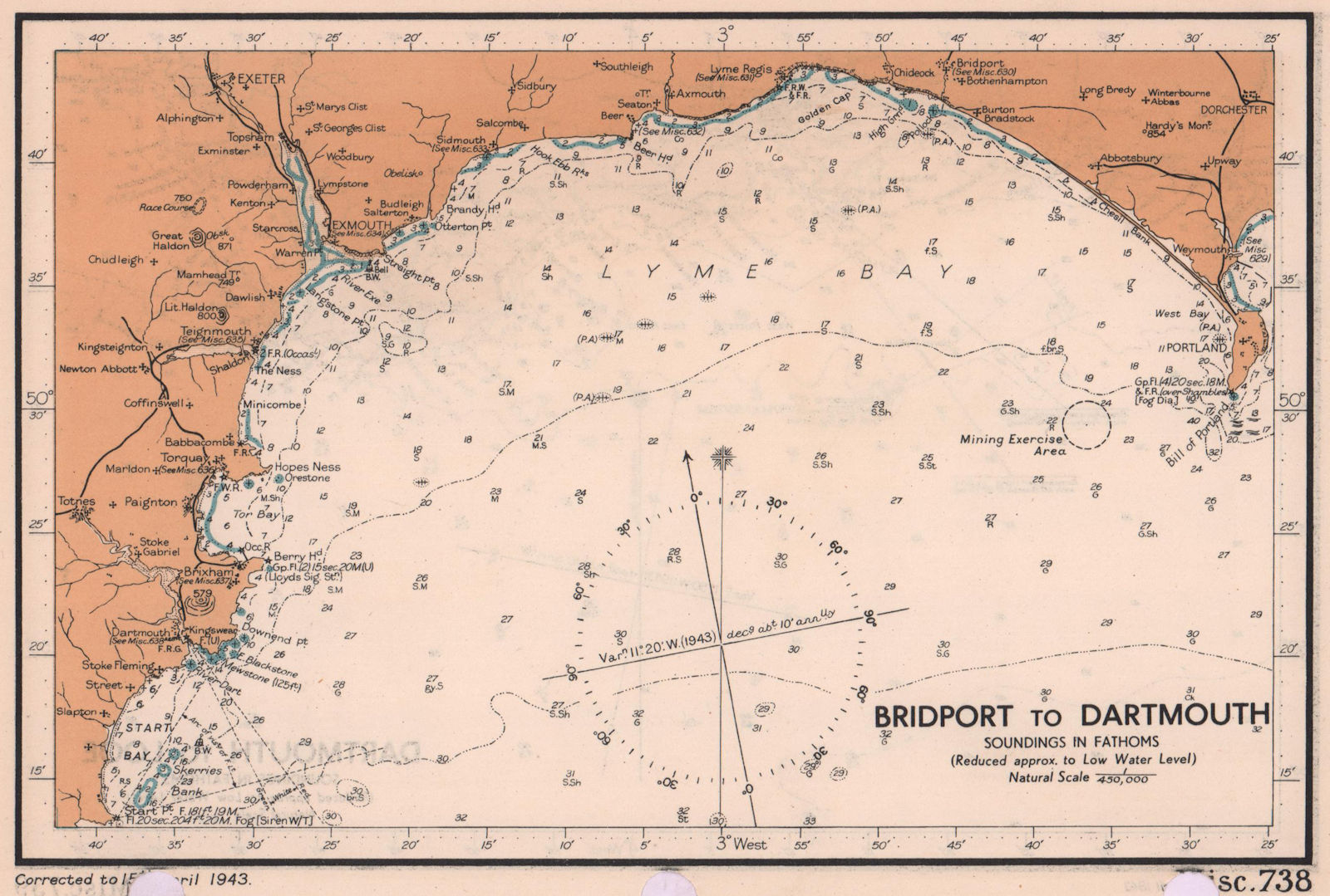 Bridport to Dartmouth. Lyme Bay Torbay sea coast chart. ADMIRALTY 1943 old map