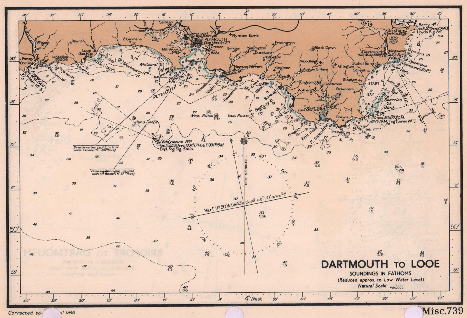Dartmouth to Looe. Plymouth. sea coast chart. Devon Cornwall. ADMIRALTY 1943 map