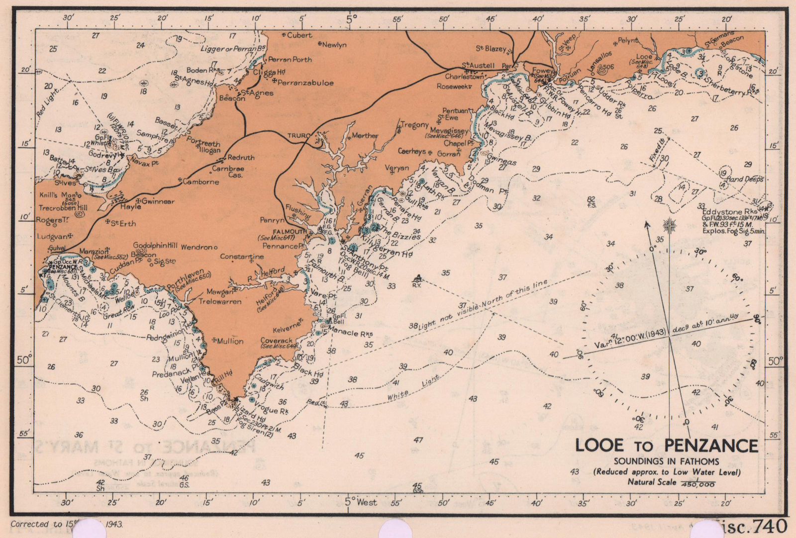 Associate Product Looe to Penzance sea coast chart. Cornwall. ADMIRALTY 1943 old vintage map