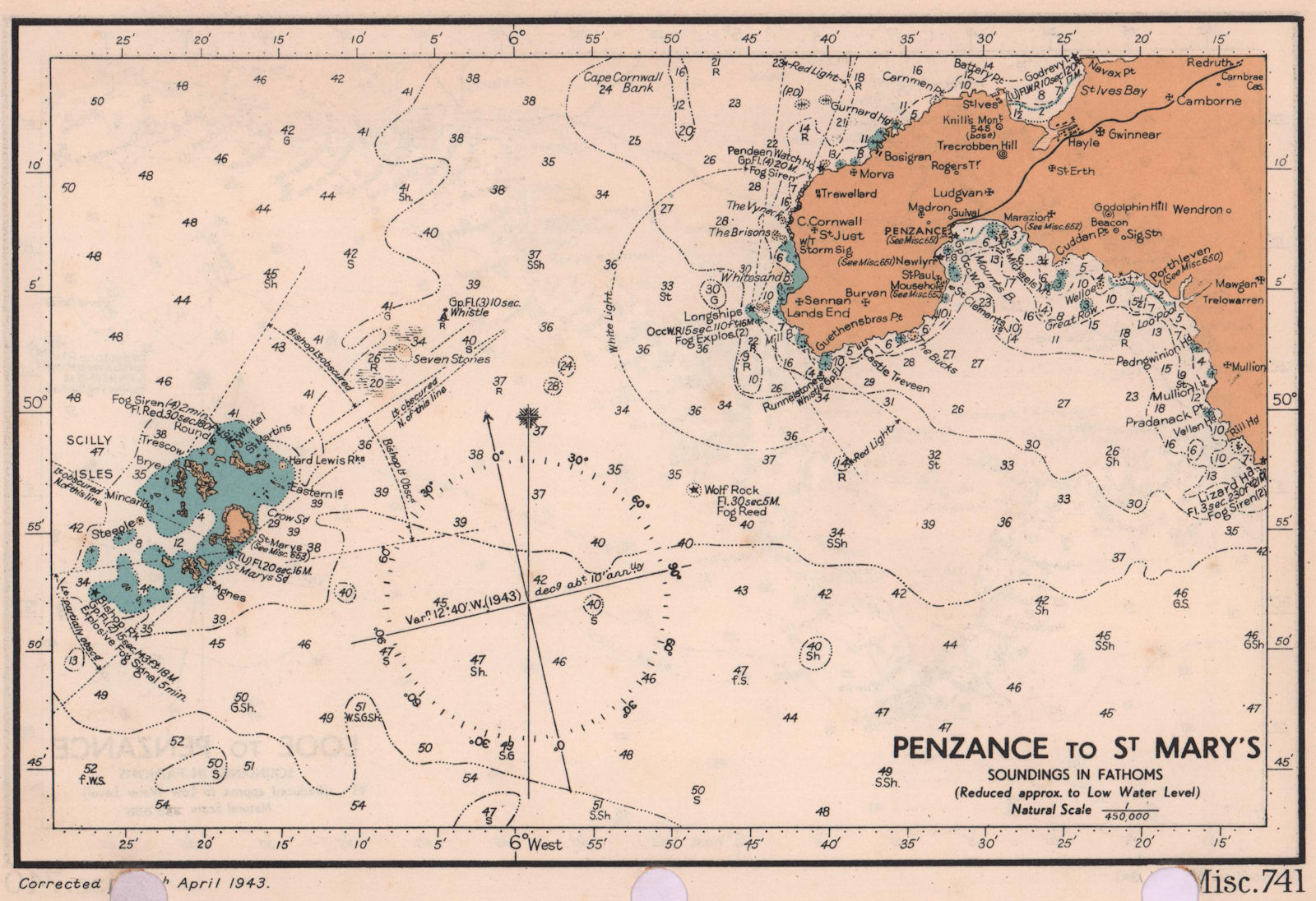 Penzance & Land's End to Scilly Isles sea coast chart. ADMIRALTY 1943 old map