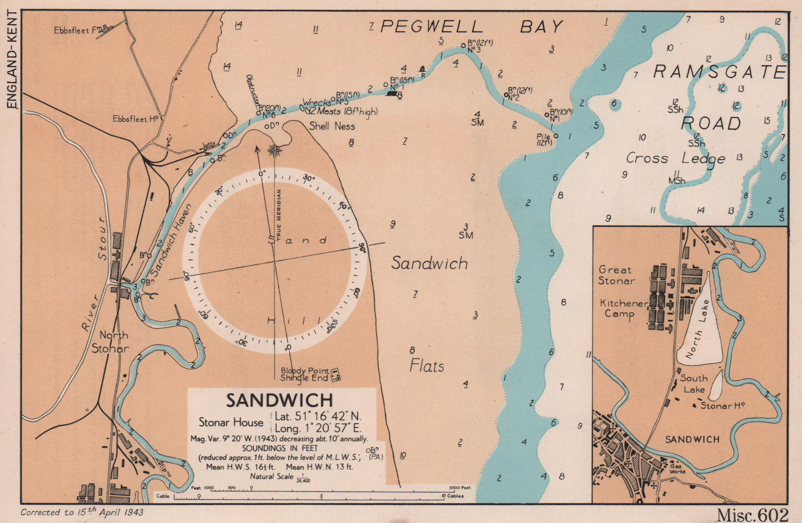 Associate Product Sandwich town plan & sea coast chart. Stonar. Kent. ADMIRALTY 1943 old map