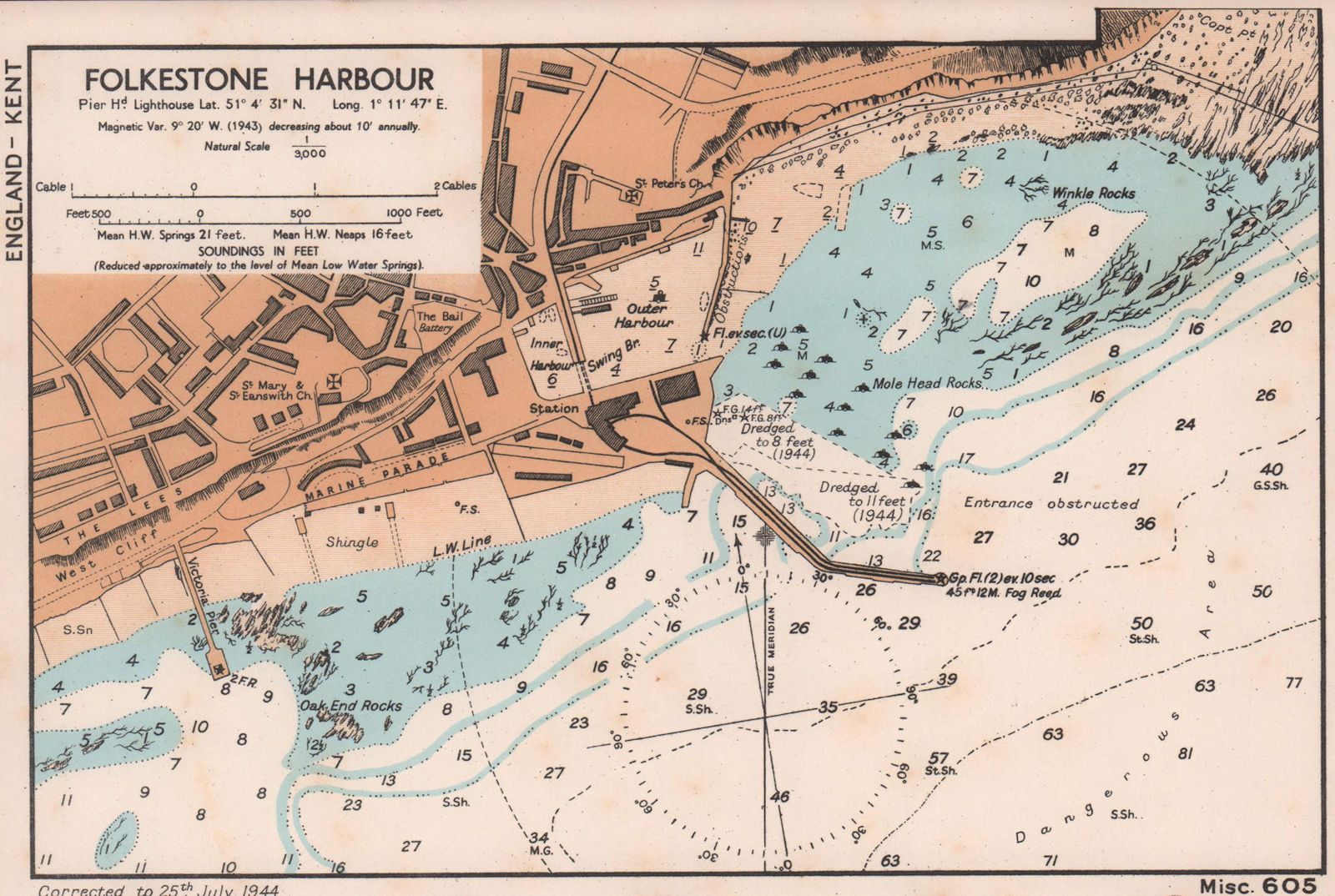 Associate Product Folkestone Harbour & town plan & sea coast chart. Kent. ADMIRALTY 1944 old map