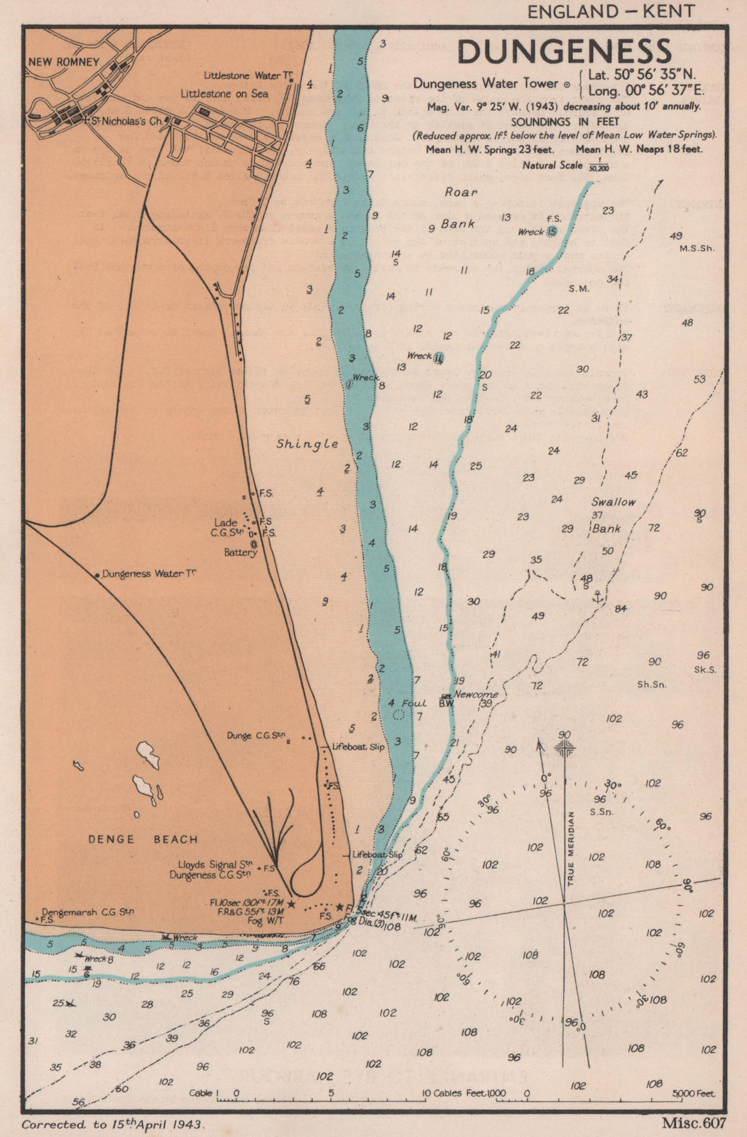Dungeness, New Romney & Littlestone sea coast chart. Kent. ADMIRALTY 1943 map