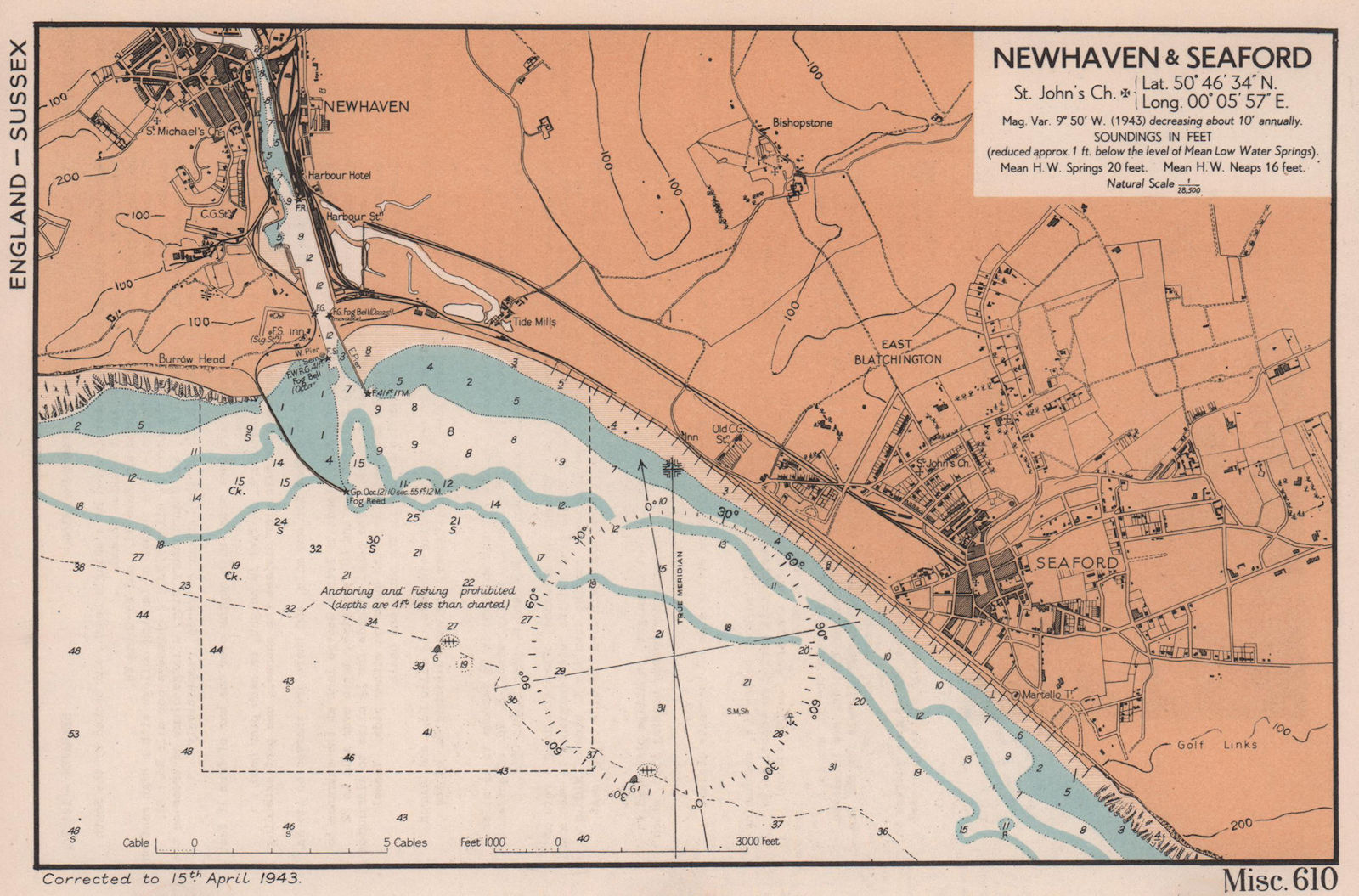 Newhaven & Seaford town plan & sea coast chart. Sussex. ADMIRALTY 1943 old map