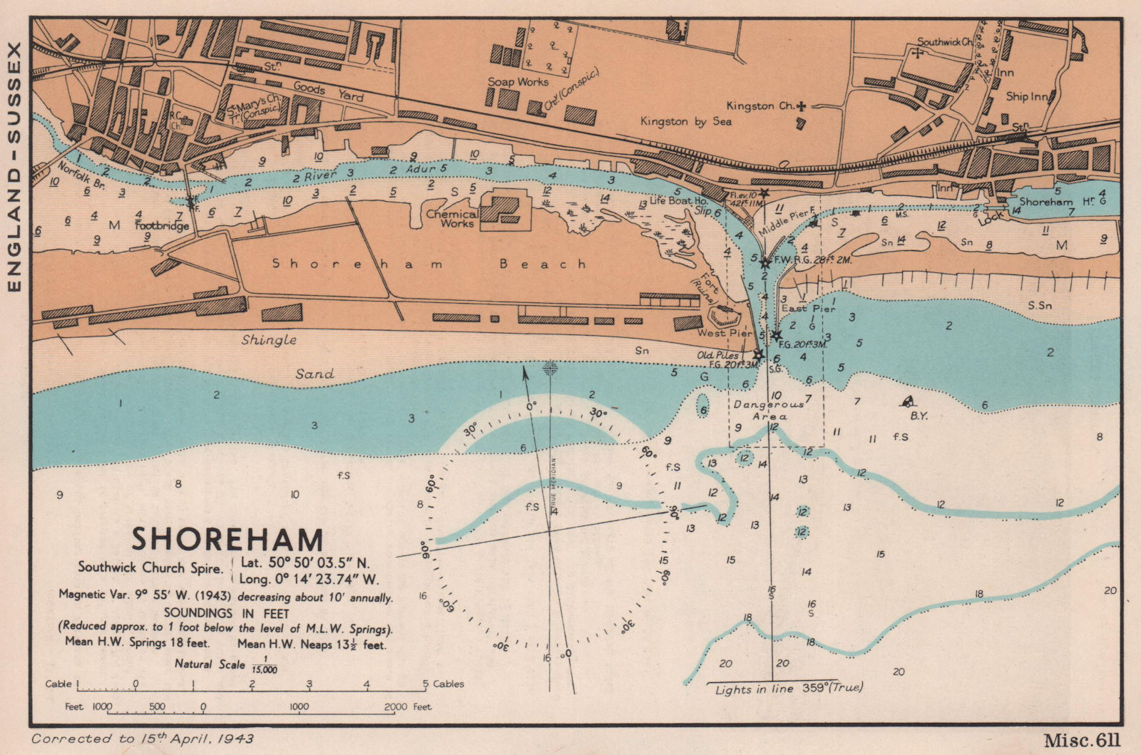 Shoreham town plan & sea coast chart. Sussex. ADMIRALTY 1943 old vintage map