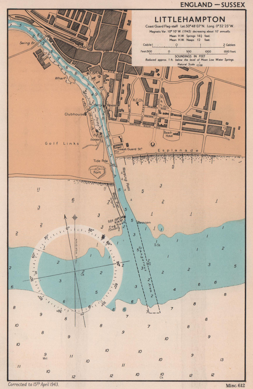 Littlehampton town plan & sea coast chart. Sussex. ADMIRALTY 1943 old map