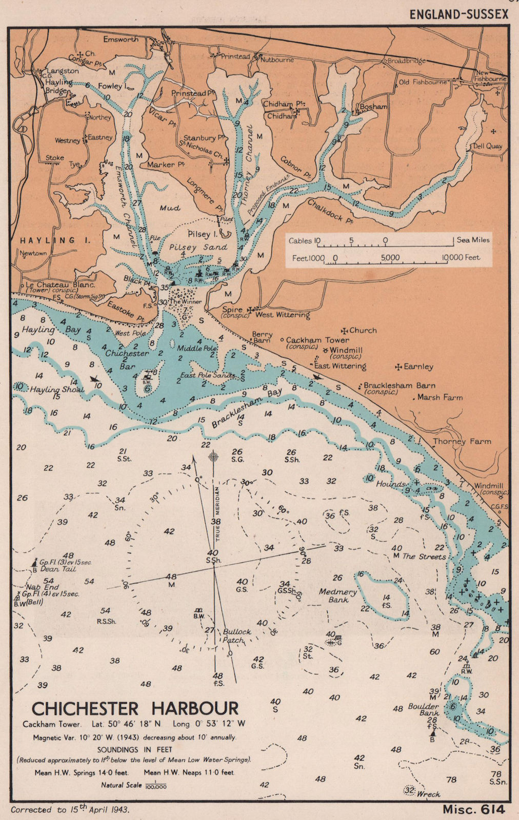 Chichester Harbour sea chart. Hayling Island Emsworth Sussex. ADMIRALTY 1943 map