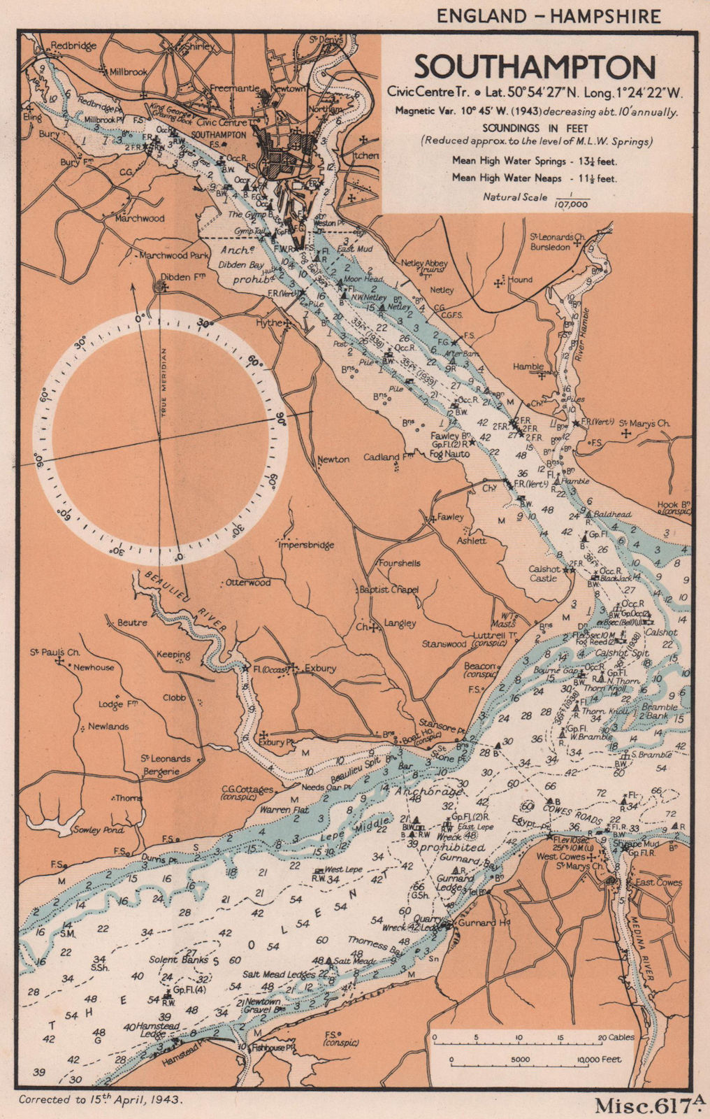 Southampton Water & Solent sea chart. Beaulieu. Hampshire. ADMIRALTY 1943 map