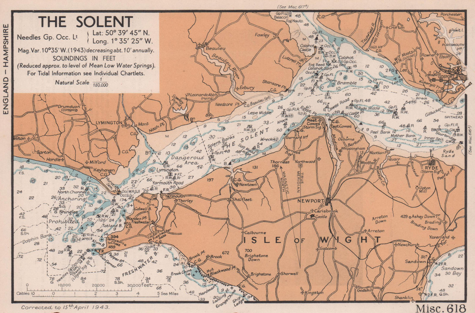 The Solent sea coast chart. Hampshire & Isle of Wight. ADMIRALTY 1943 old map