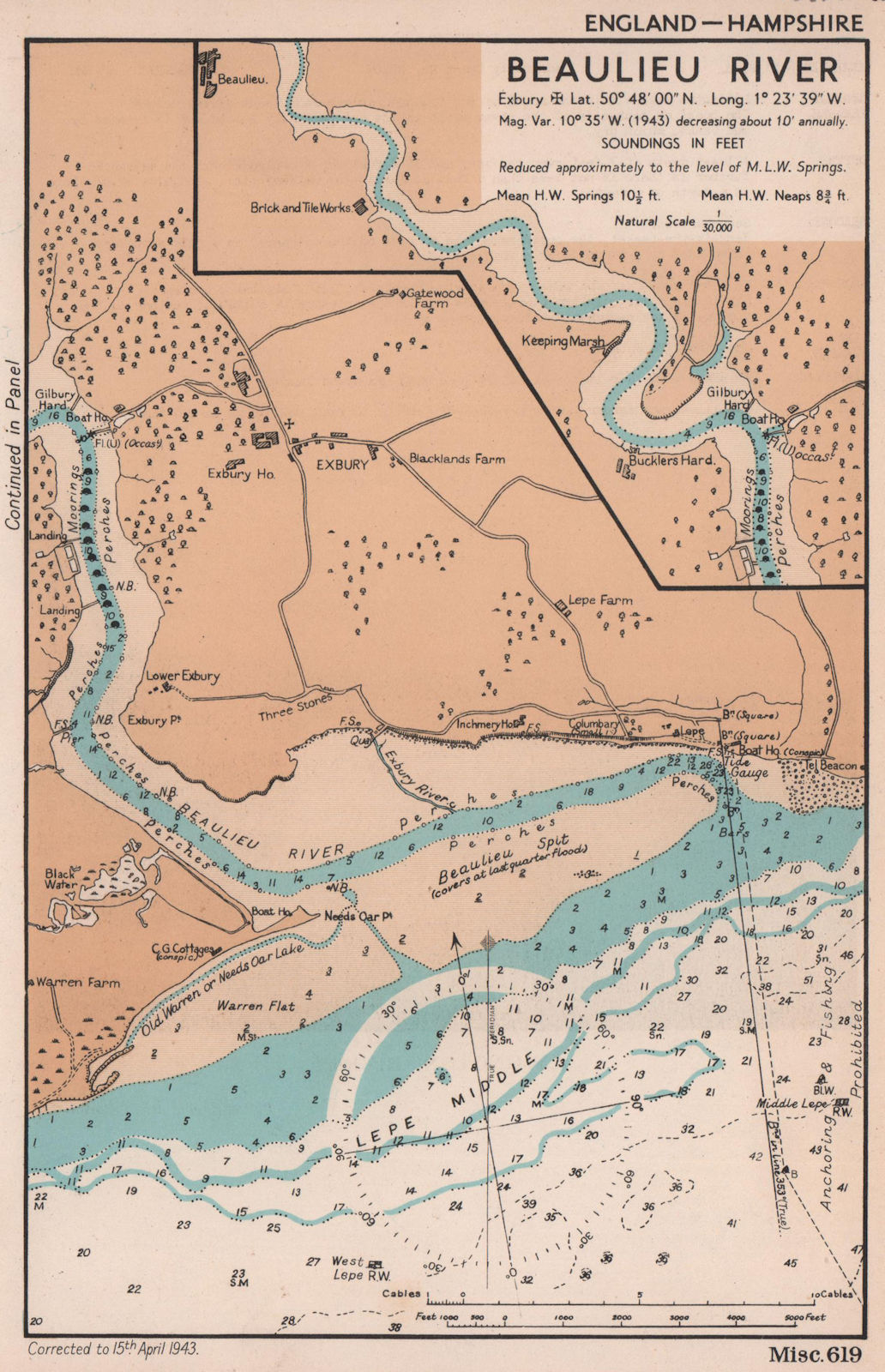 Beaulieu River & Exbury sea coast chart. Hampshire. ADMIRALTY 1943 old map
