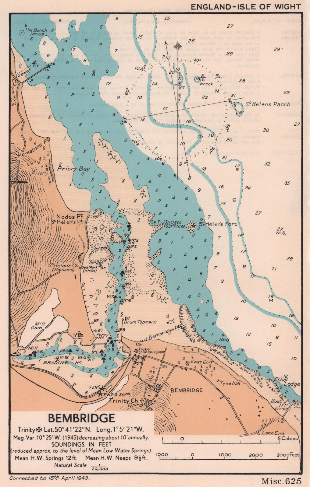 Bembridge sea coast chart. Brading. Isle of Wight. ADMIRALTY 1943 old map