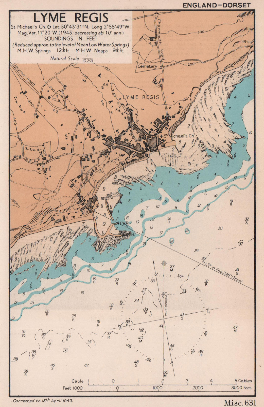 Lyme Regis sea coast chart. Dorset. ADMIRALTY 1943 old vintage map plan