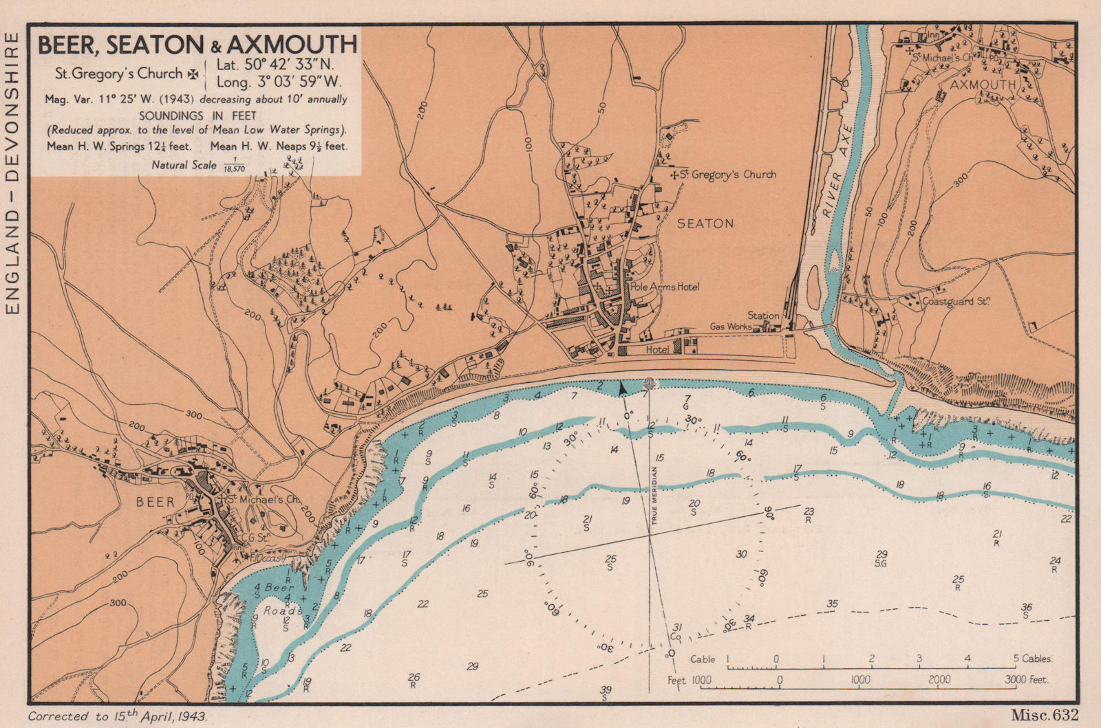 Beer, Seaton & Axmouth town plan & sea coast chart. Devon. ADMIRALTY 1943 map