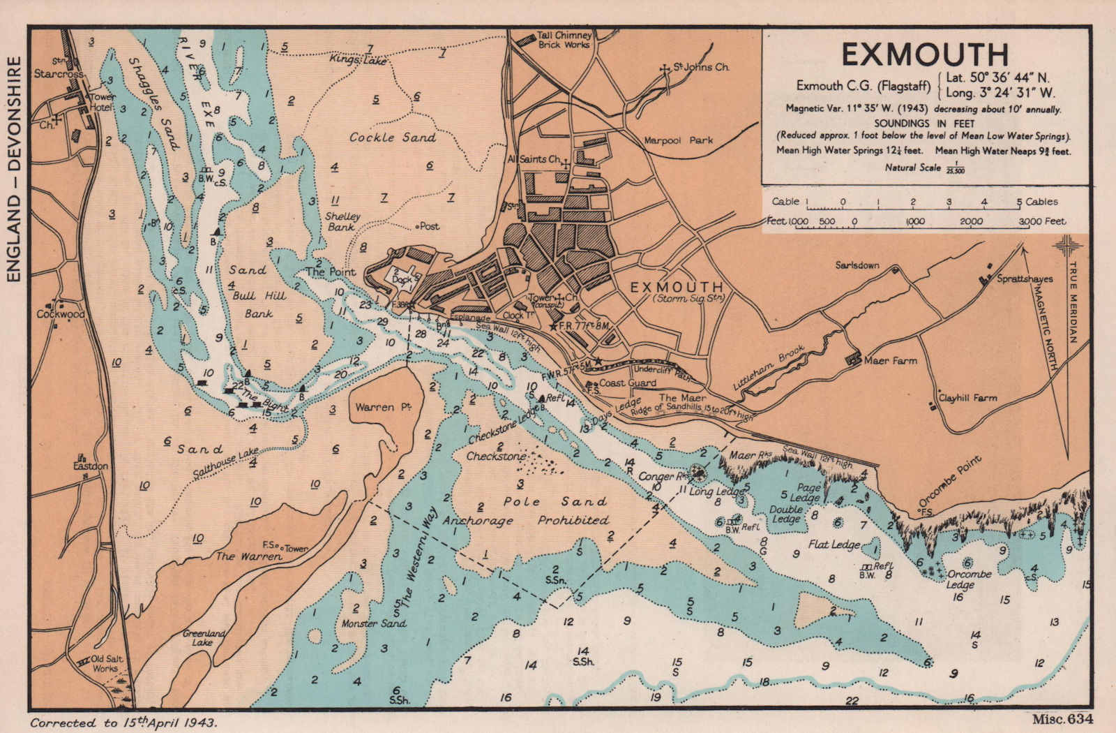 Exmouth town plan & sea coast chart. Devon. ADMIRALTY 1943 old vintage map