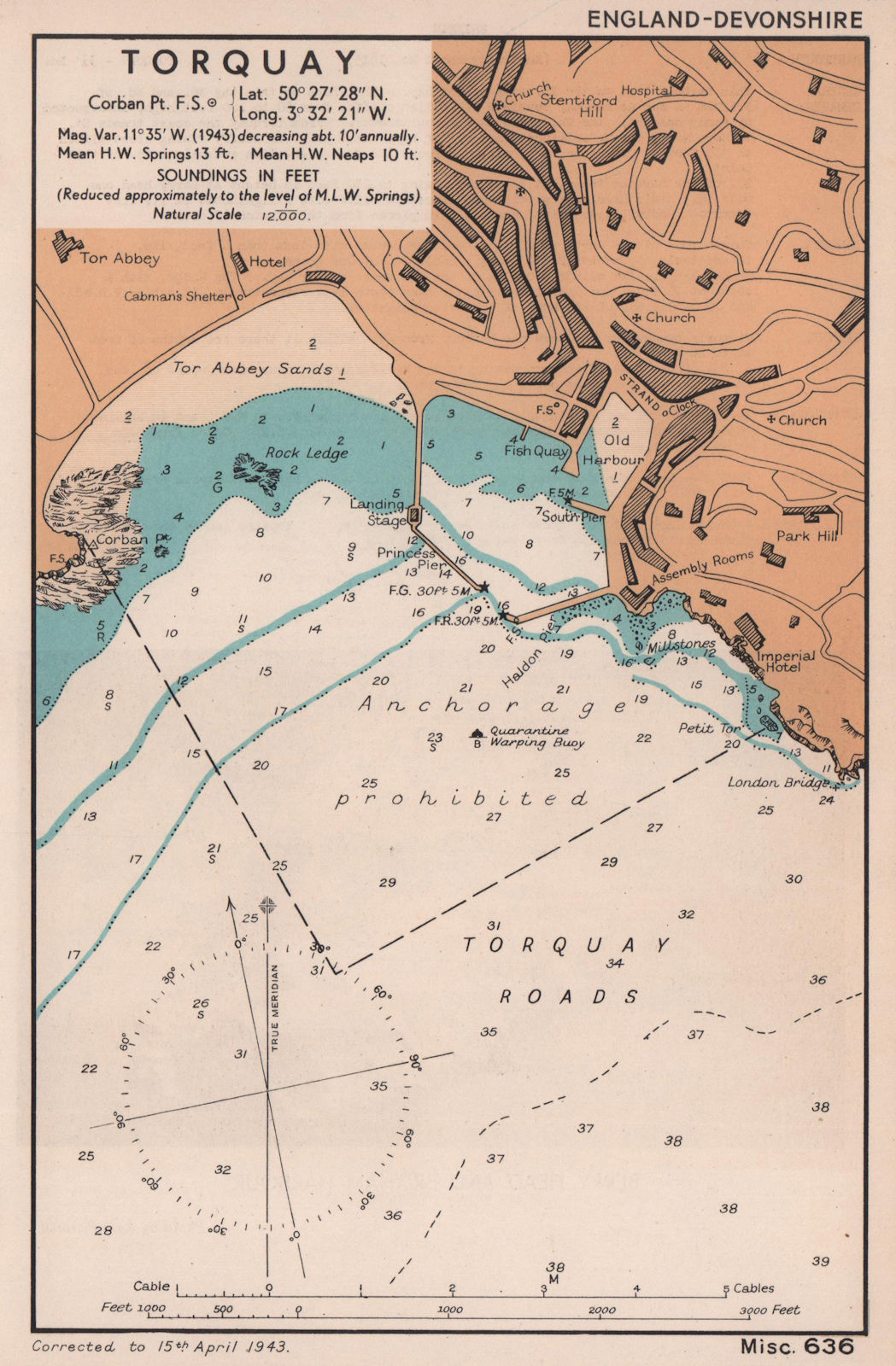 Torquay town plan & sea coast chart. Devon. ADMIRALTY 1943 old vintage map