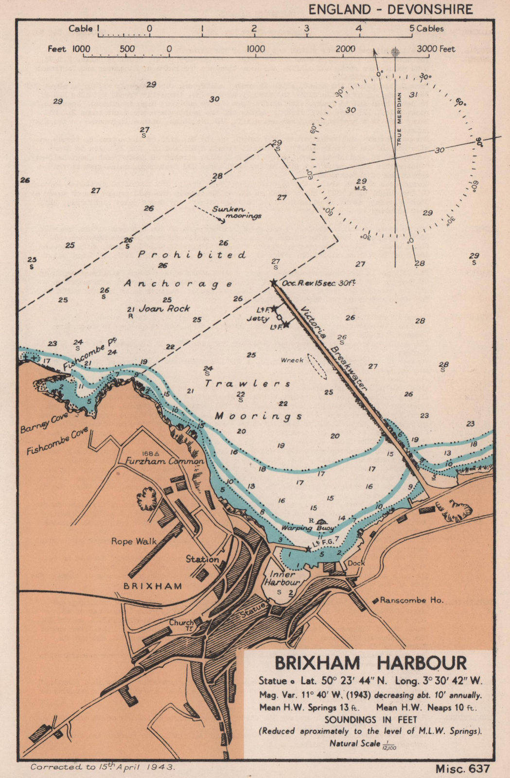Brixham Harbour town plan & sea coast chart. Devon. ADMIRALTY 1943 old map