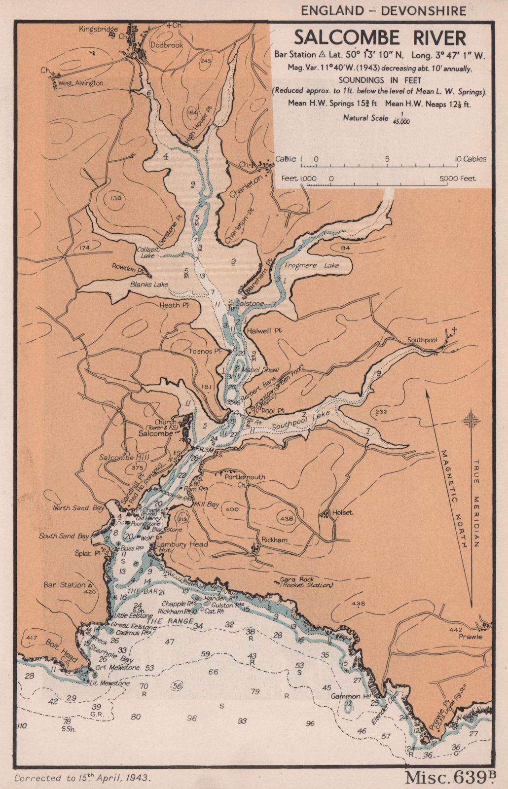Salcombe River sea coast chart. Kingsbridge. Devon. ADMIRALTY 1943 old map
