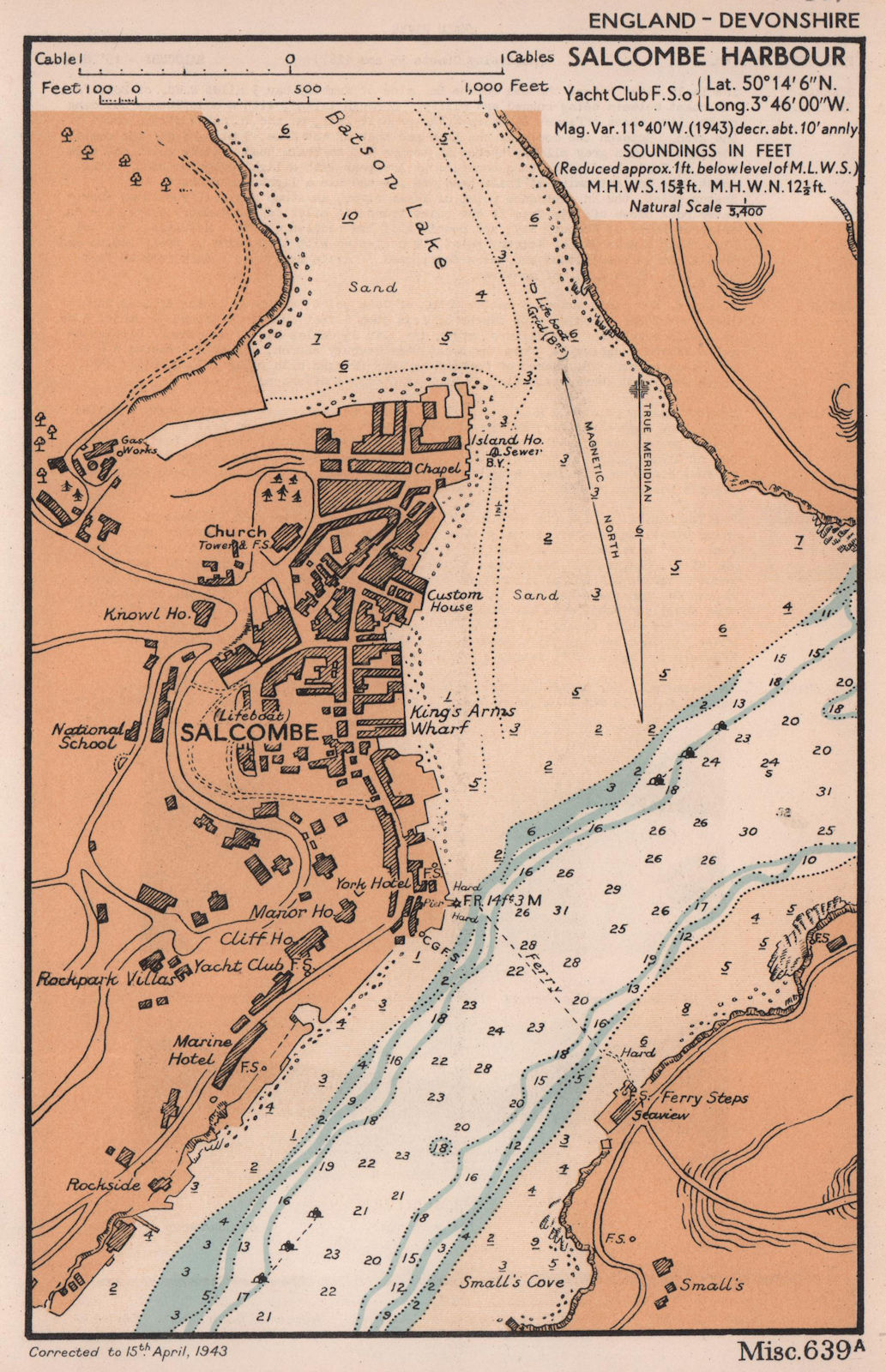 Salcombe Harbour town plan & sea coast chart. Devon. ADMIRALTY 1943 old map