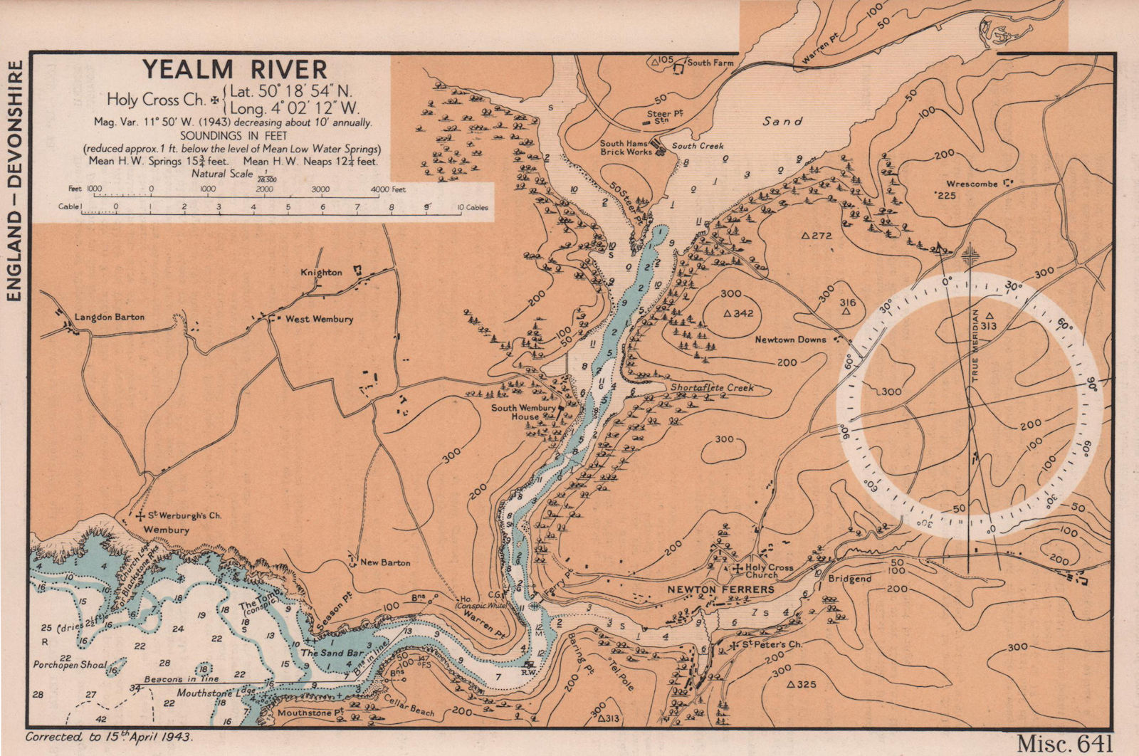 Yealm River sea coast chart. Newton Ferrers. Devon. ADMIRALTY 1943 old map