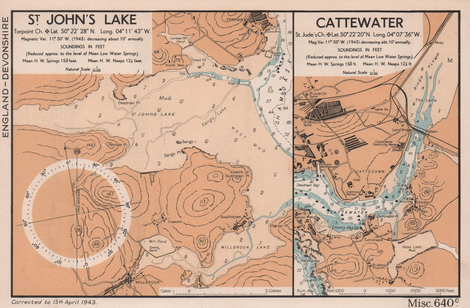 St. John's Lake & Cattewater sea coast charts Torpoint Devon. ADMIRALTY 1943 map