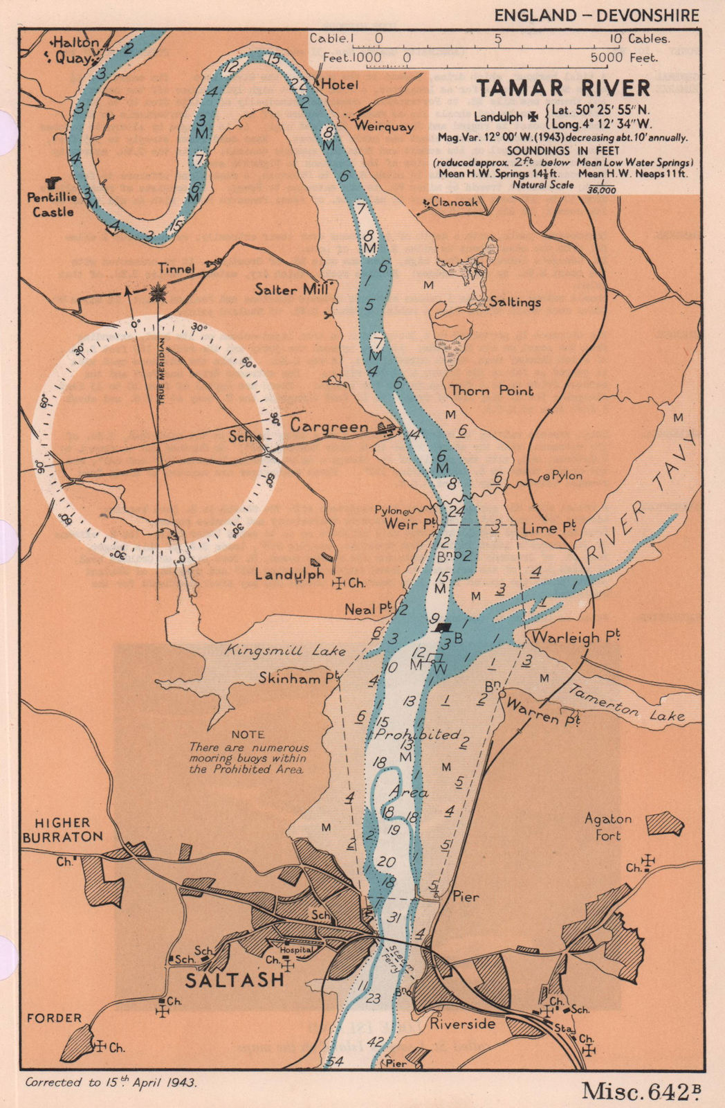 Associate Product Tamar River & Saltash sea coast chart. Cornwall. ADMIRALTY 1943 old map