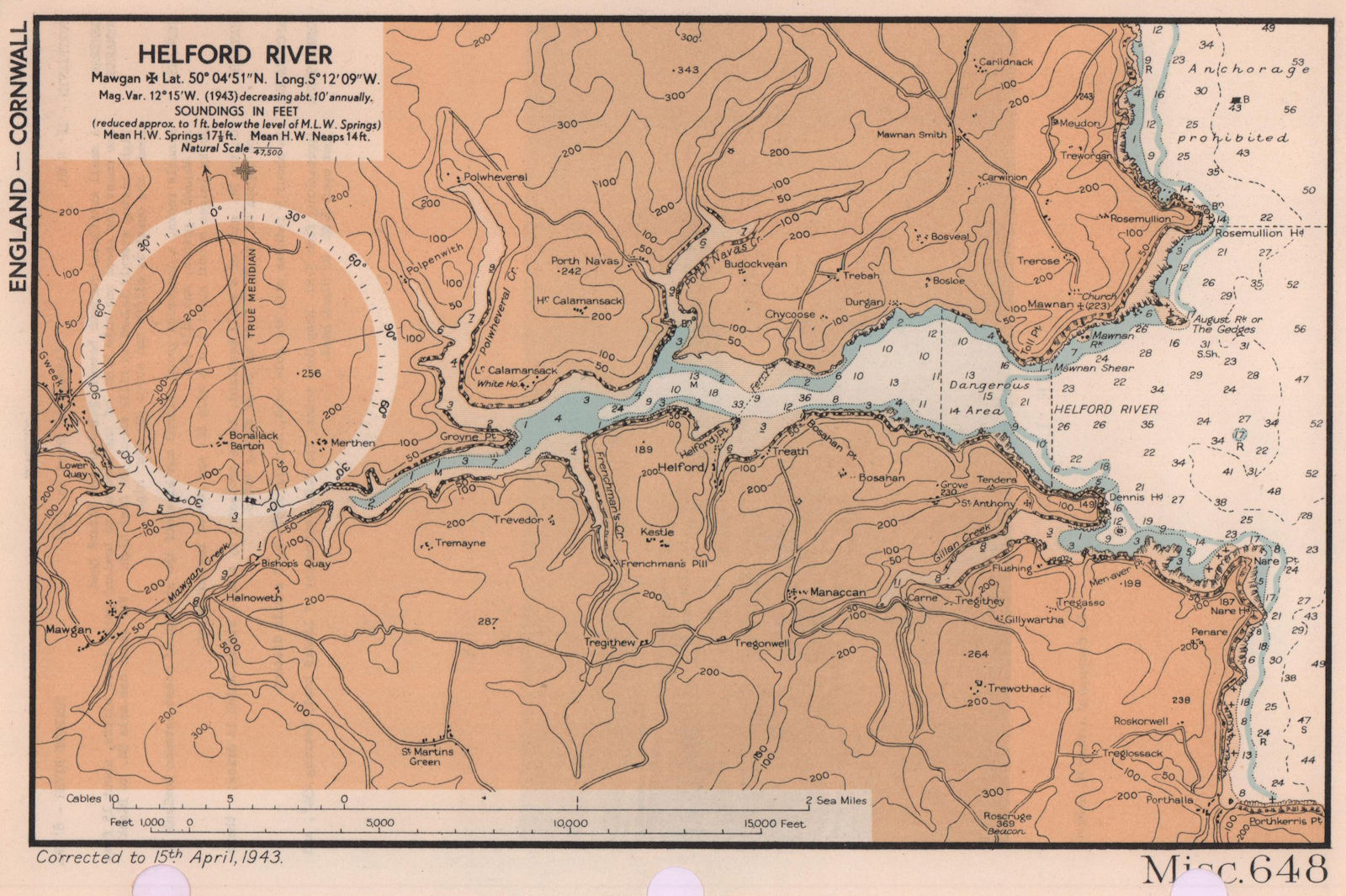 Helford River sea coast chart. Cornwall. ADMIRALTY 1943 old vintage map