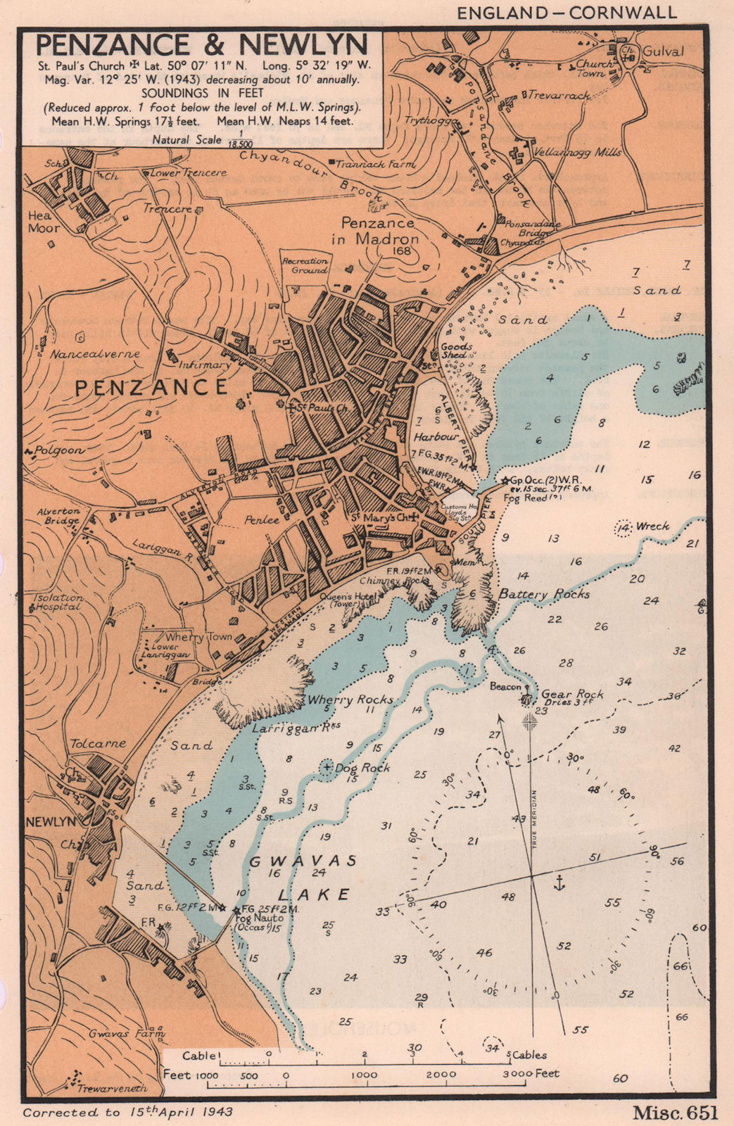 Associate Product Penzance & Newlyn town plan & sea coast chart. Cornwall. ADMIRALTY 1943 map