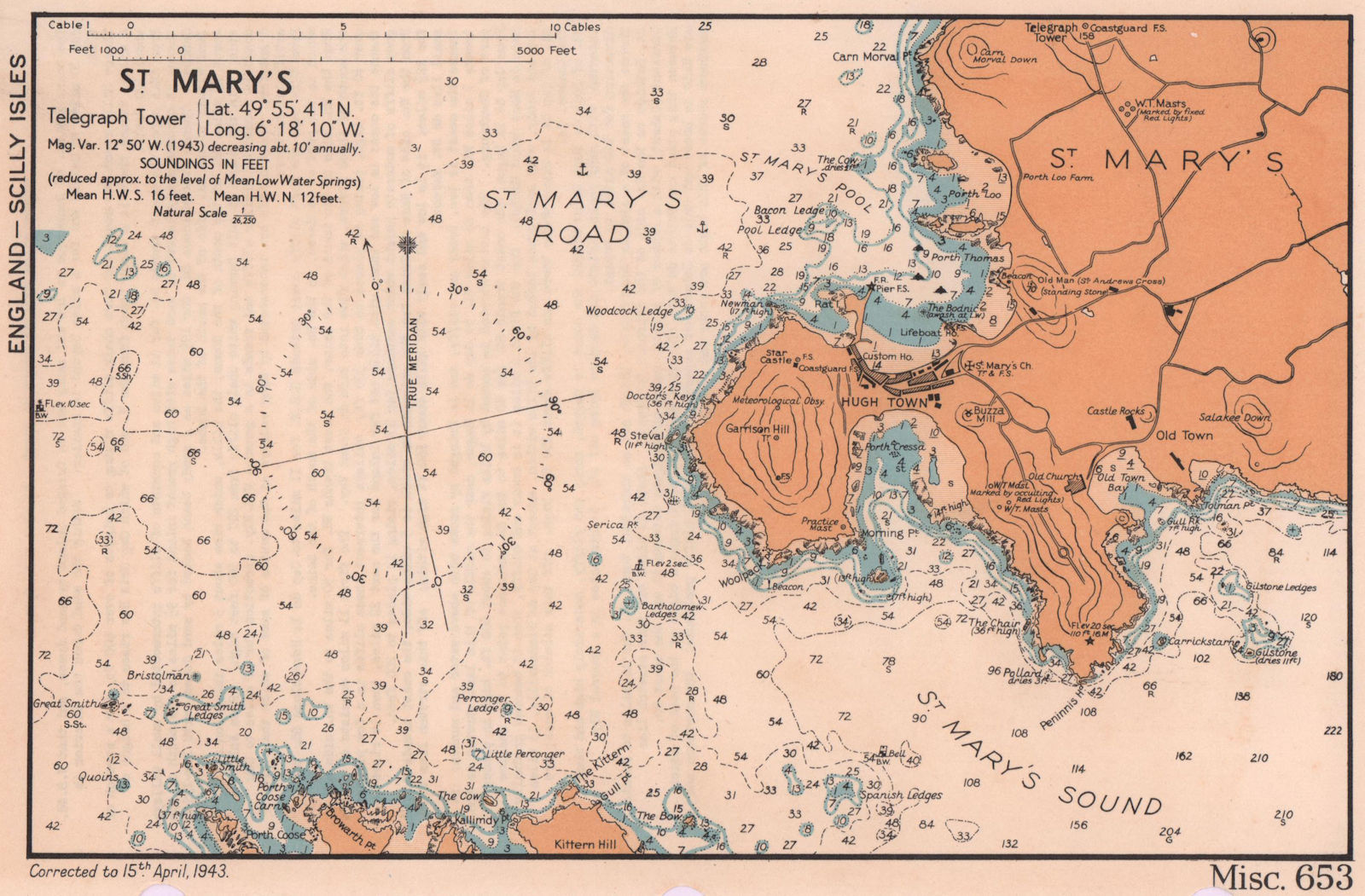 St Mary's sea coast chart. Hugh Town. Scilly Isles. ADMIRALTY 1943 old map