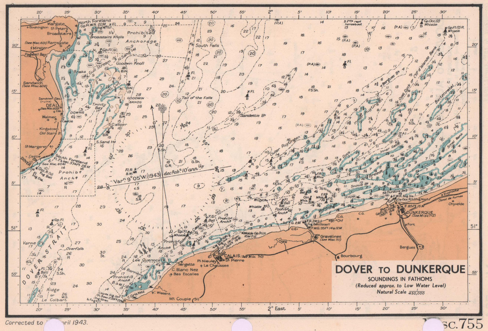 Dover to Dunkirk sea coast chart. D-Day planning map. ADMIRALTY 1943 old