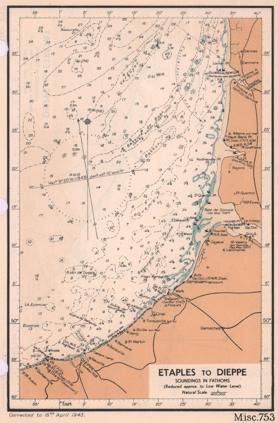 Étaples to Dieppe sea coast chart. D-Day planning map. Somme. ADMIRALTY 1943