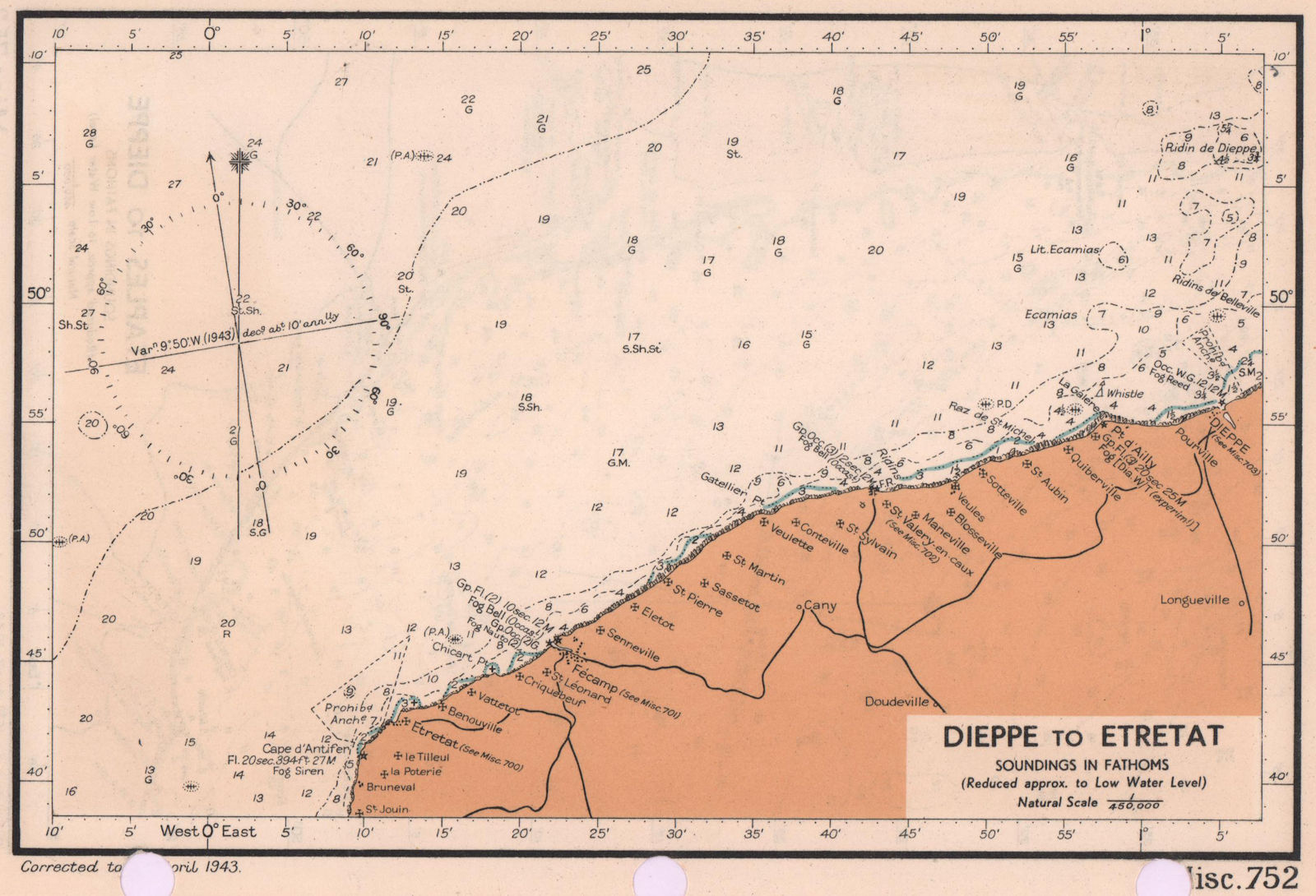 Dieppe to Étretat sea coast chart. D-Day planning map. ADMIRALTY 1943 old