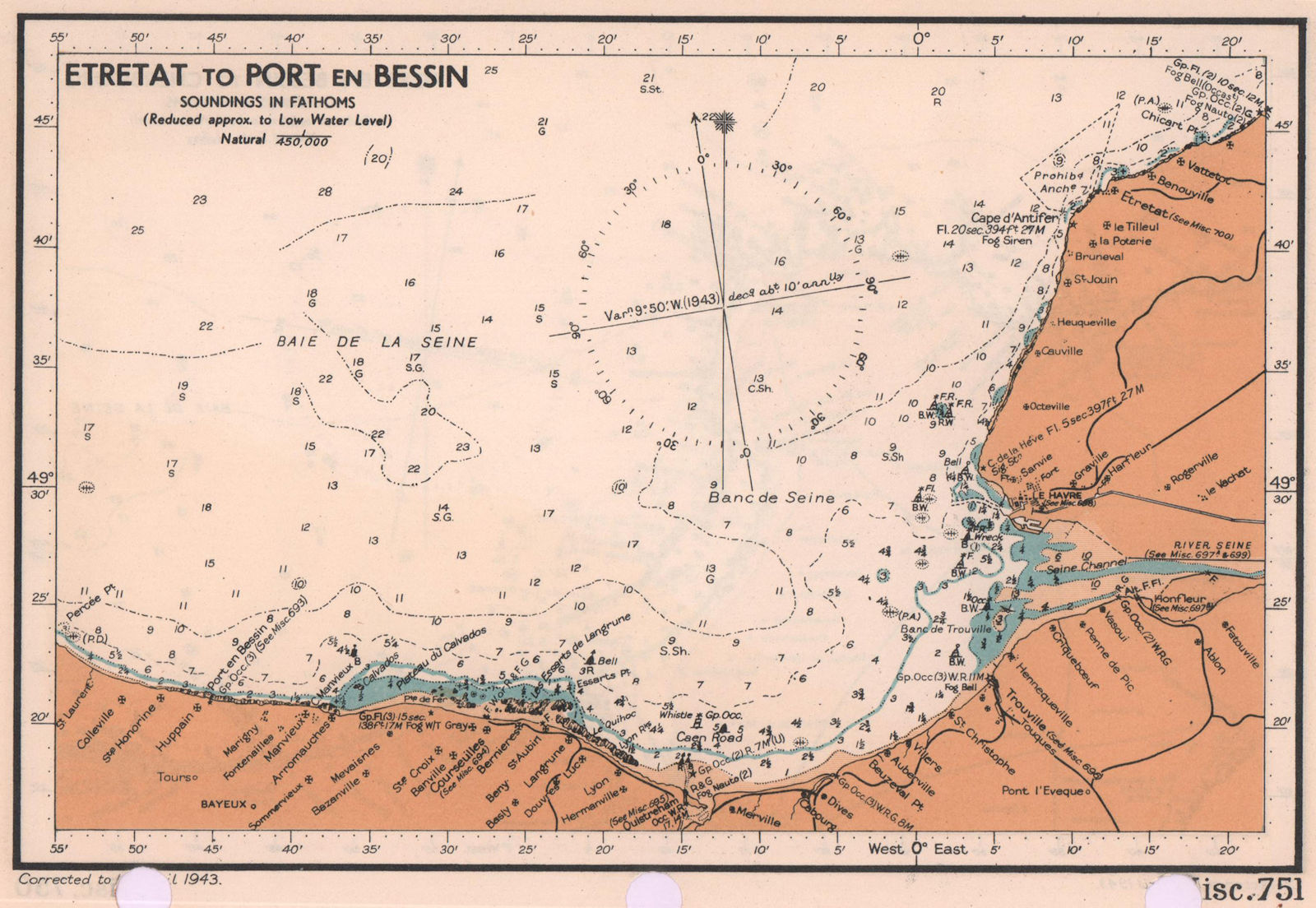 Associate Product Étretat to Port-en-Bessin sea coast chart. D-Day planning map. ADMIRALTY 1943