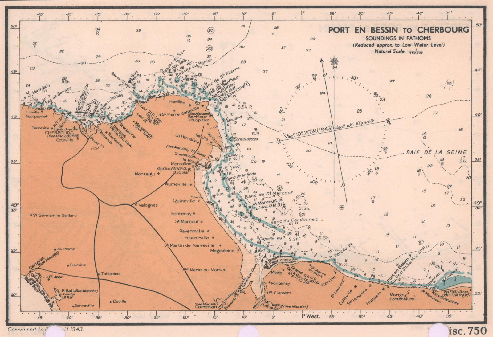 Port-en-Bessin to Cherbourg coast chart D-Day planning map Omaha ADMIRALTY 1943
