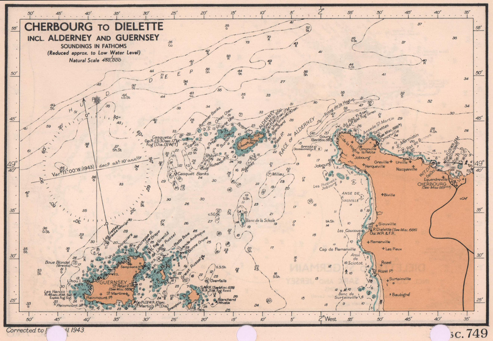 Cherbourg Guernsey Alderney sea coast chart. D-Day planning map. ADMIRALTY 1943