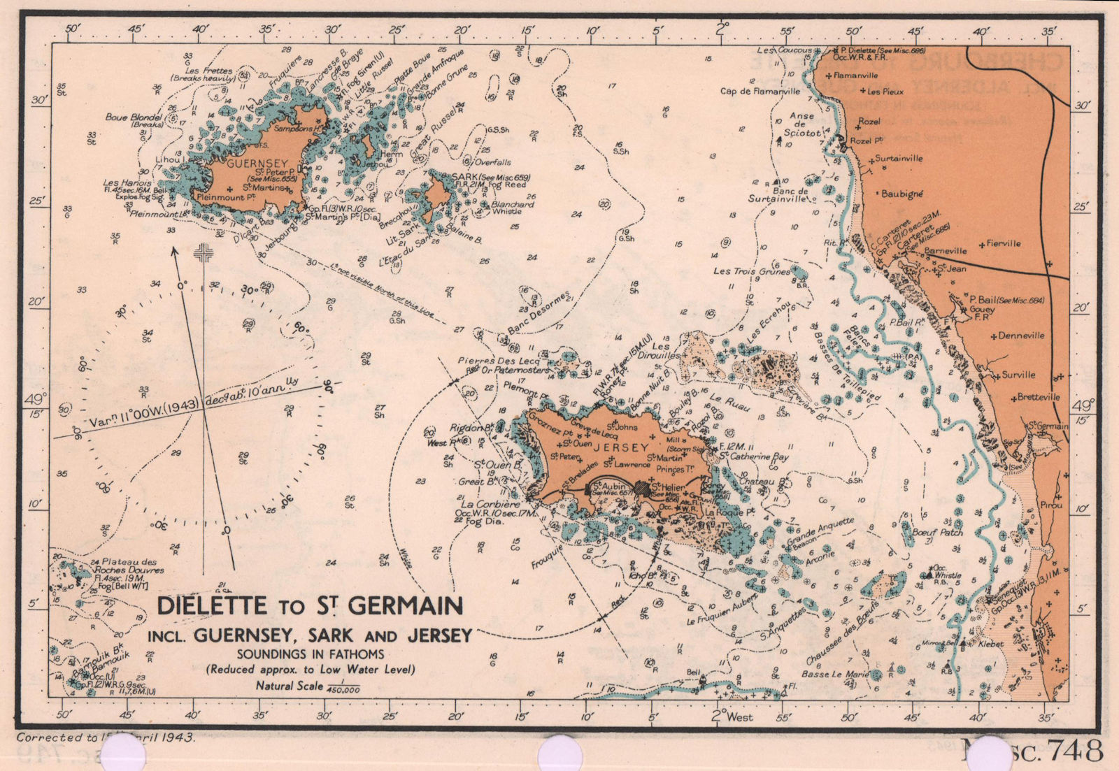 Channel Islands DieletteSt. Germain sea chart. D-Day planning map ADMIRALTY 1943