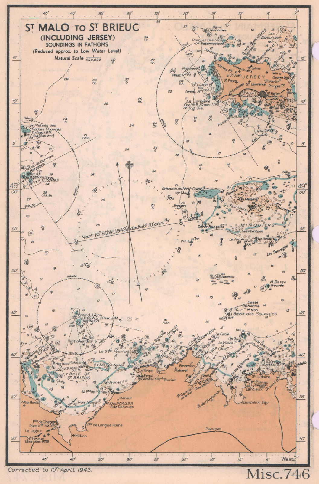 St. Malo - St. Brieuc Jersey sea coast chart. D-Day planning map. ADMIRALTY 1943